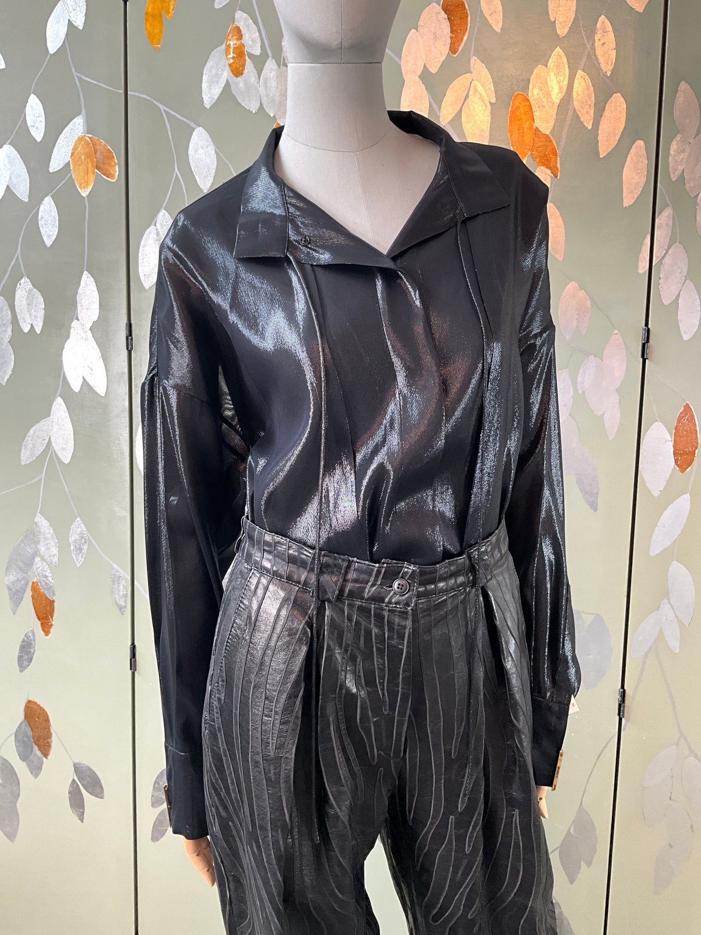 Alexandre Vauthier Metallic Black Long Sleeve Silk Blouse, Large