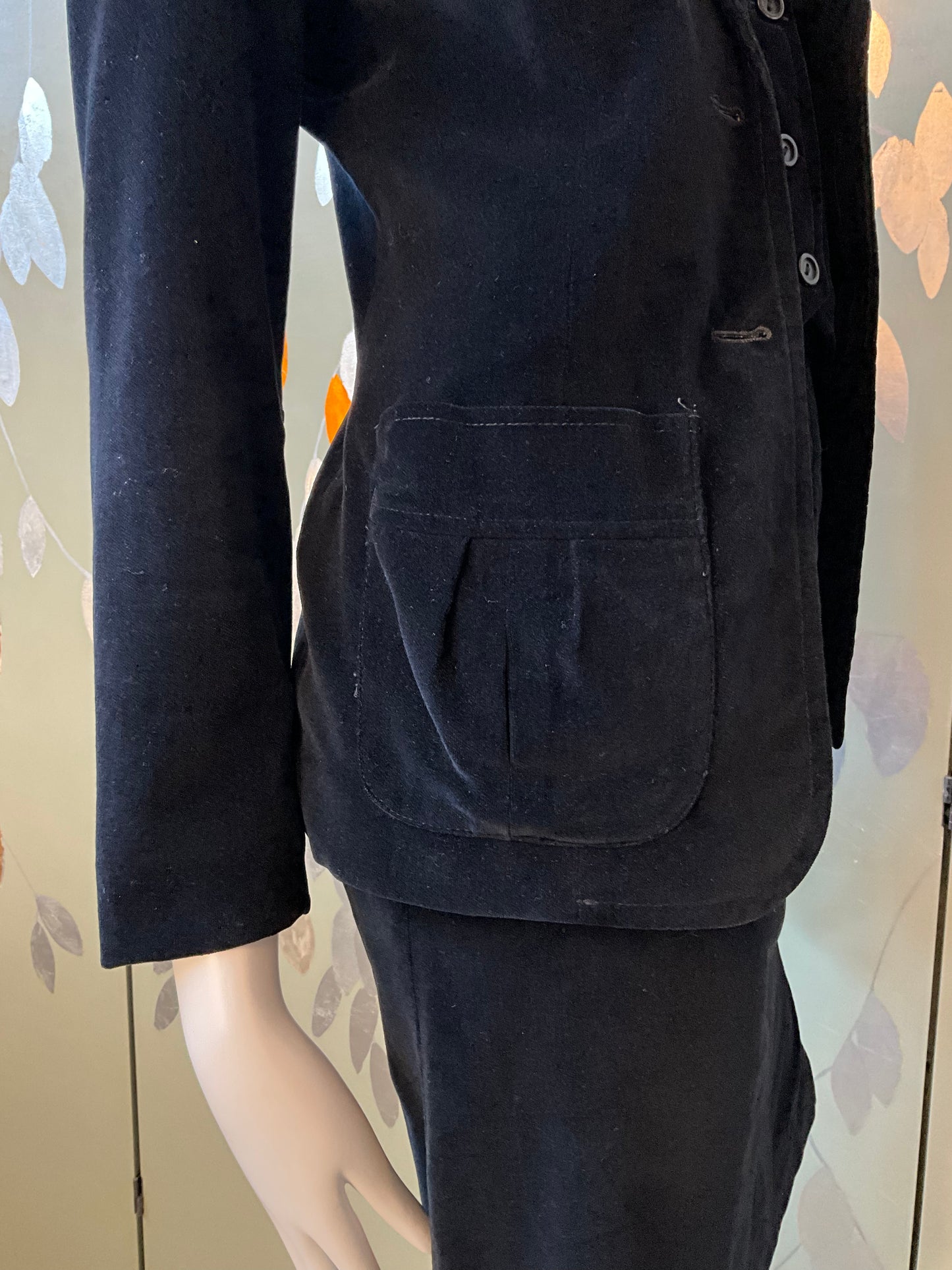 Vintage 1970s Black Velvet 3 Piece Skirt, Vest and Jacket Set, XS