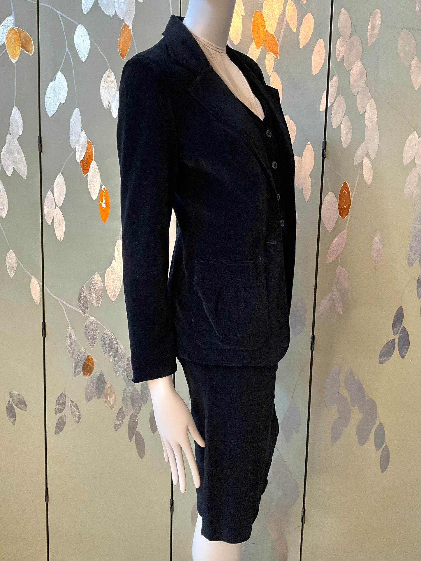 Vintage 1970s Black Velvet 3 Piece Skirt, Vest and Jacket Set, XS