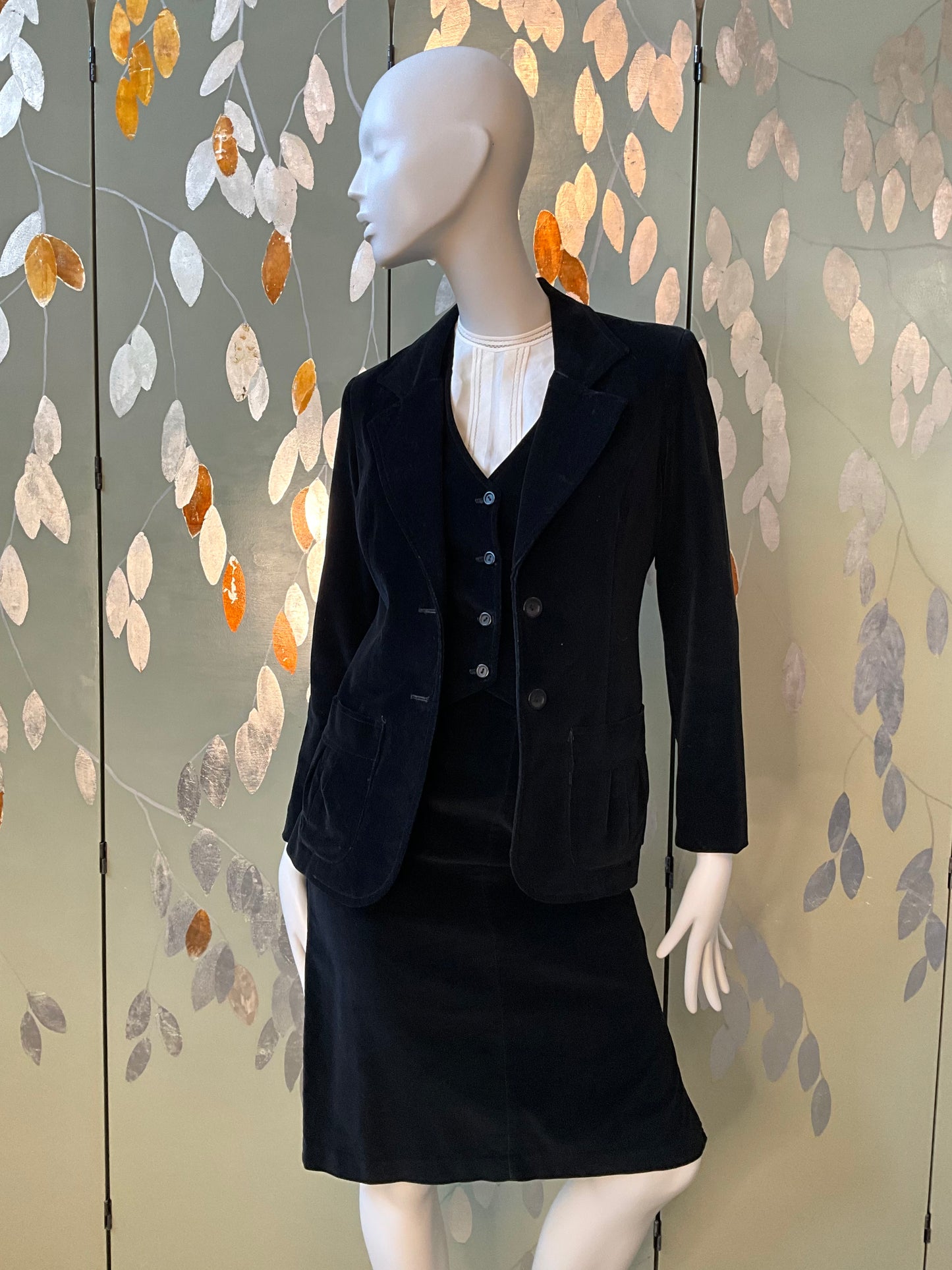 Vintage 1970s Black Velvet 3 Piece Skirt, Vest and Jacket Set, XS