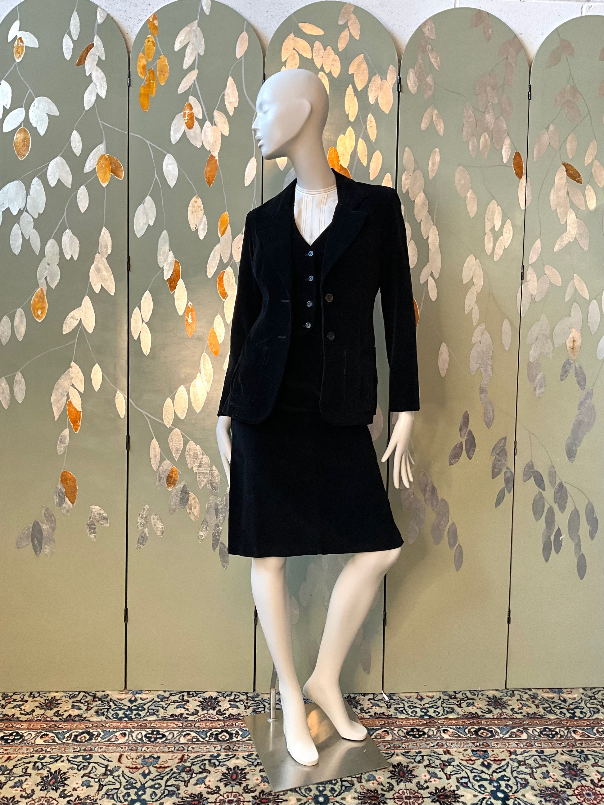 Vintage 1970s Black Velvet 3 Piece Skirt, Vest and Jacket Set, XS