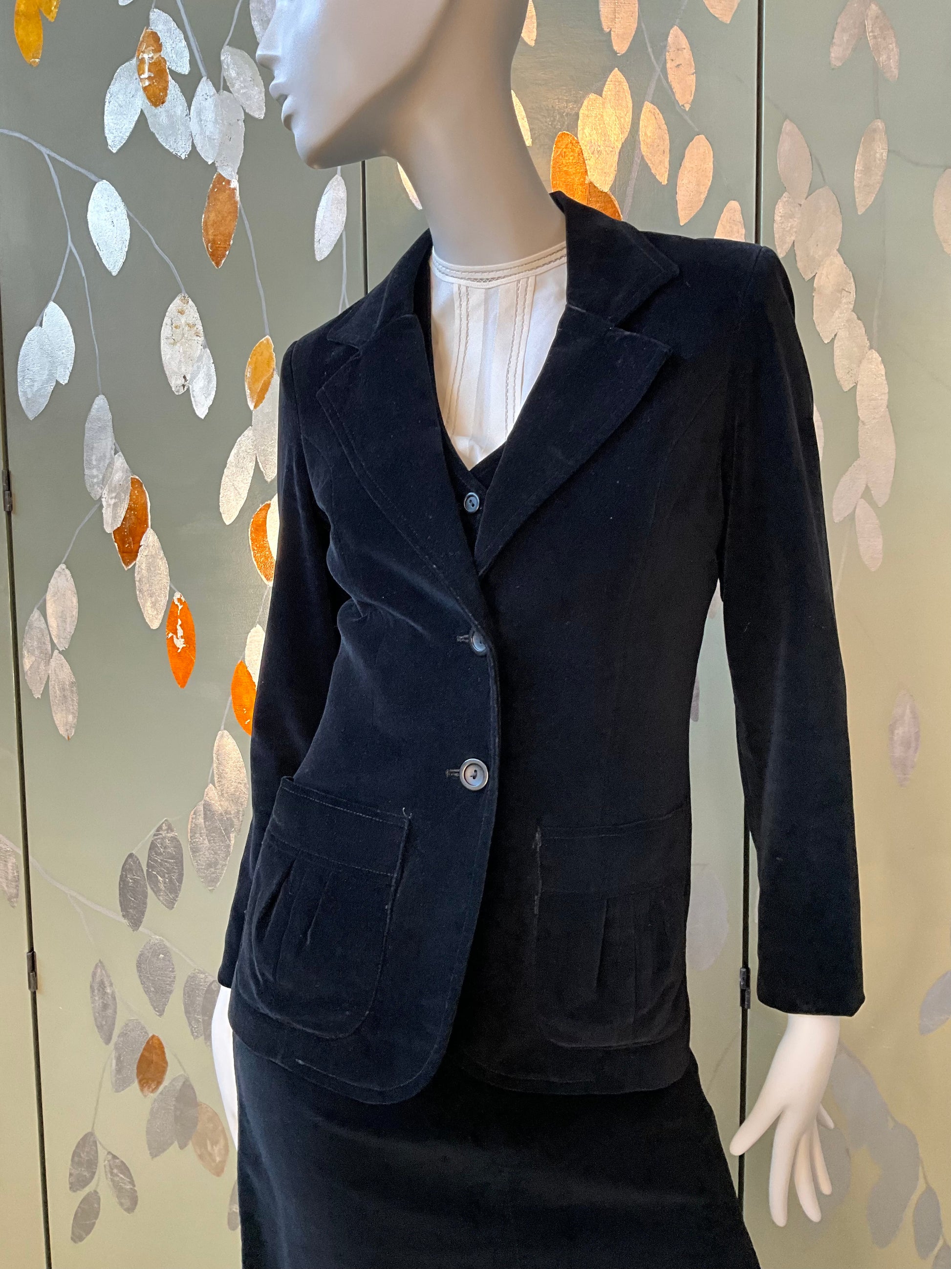 Vintage 1970s Black Velvet 3 Piece Skirt, Vest and Jacket Set, XS