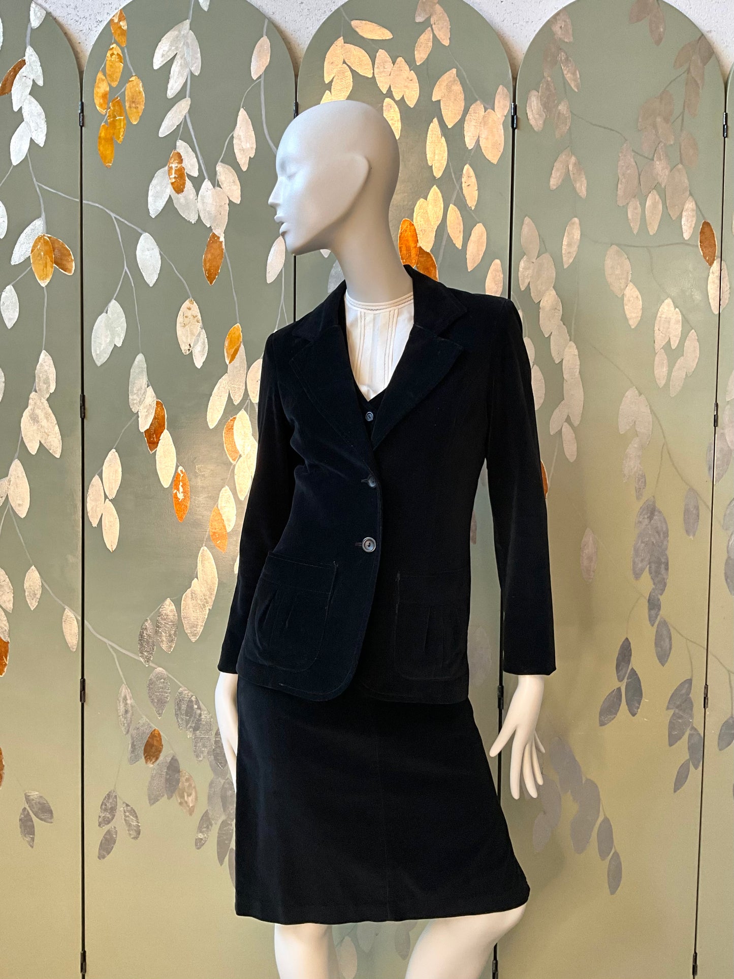 Vintage 1970s Black Velvet 3 Piece Skirt, Vest and Jacket Set, XS