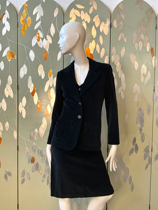 Vintage 1970s Black Velvet 3 Piece Skirt, Vest and Jacket Set, XS