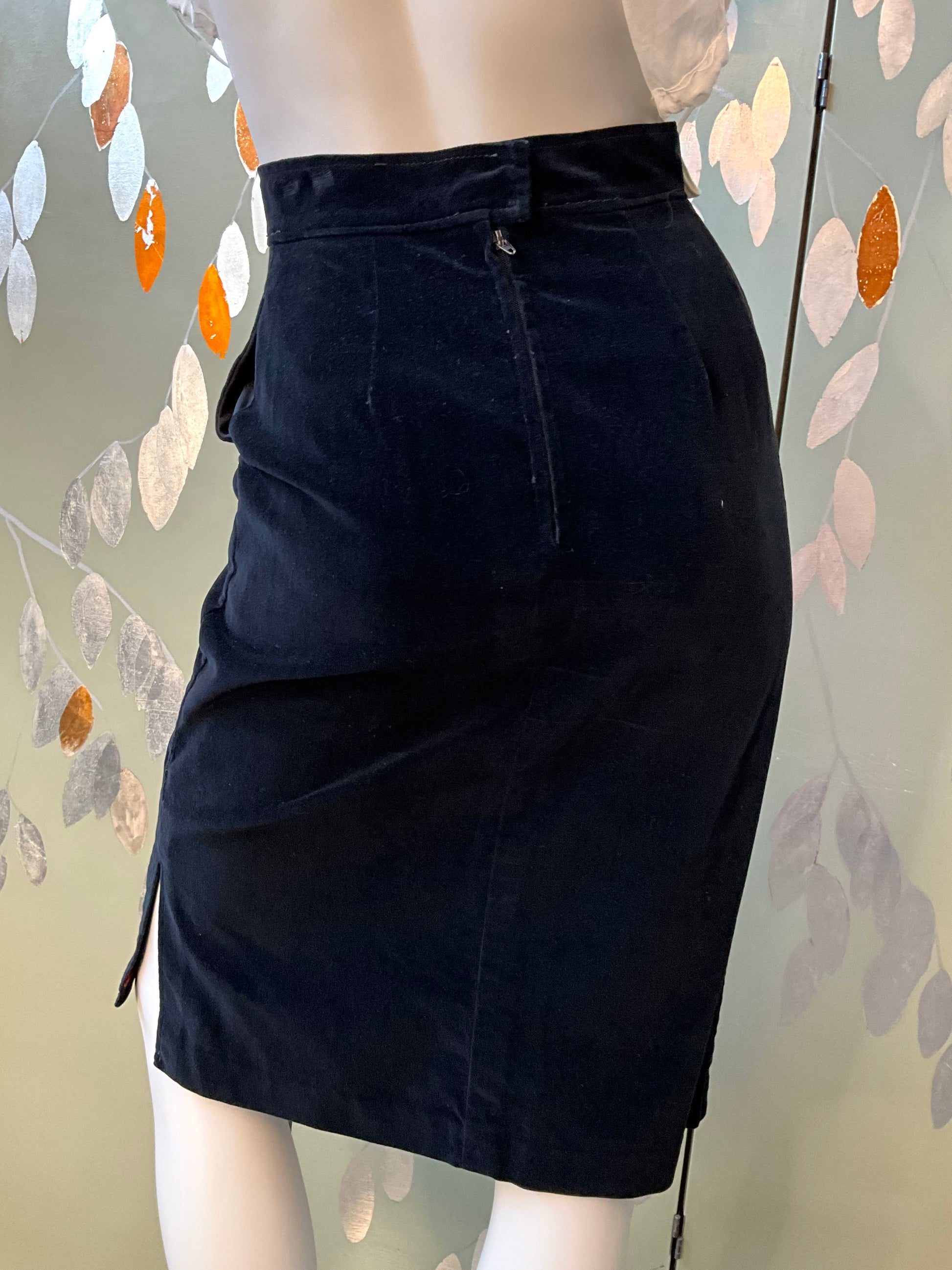 Vintage 1970s Black Velvet 3 Piece Skirt, Vest and Jacket Set, XS