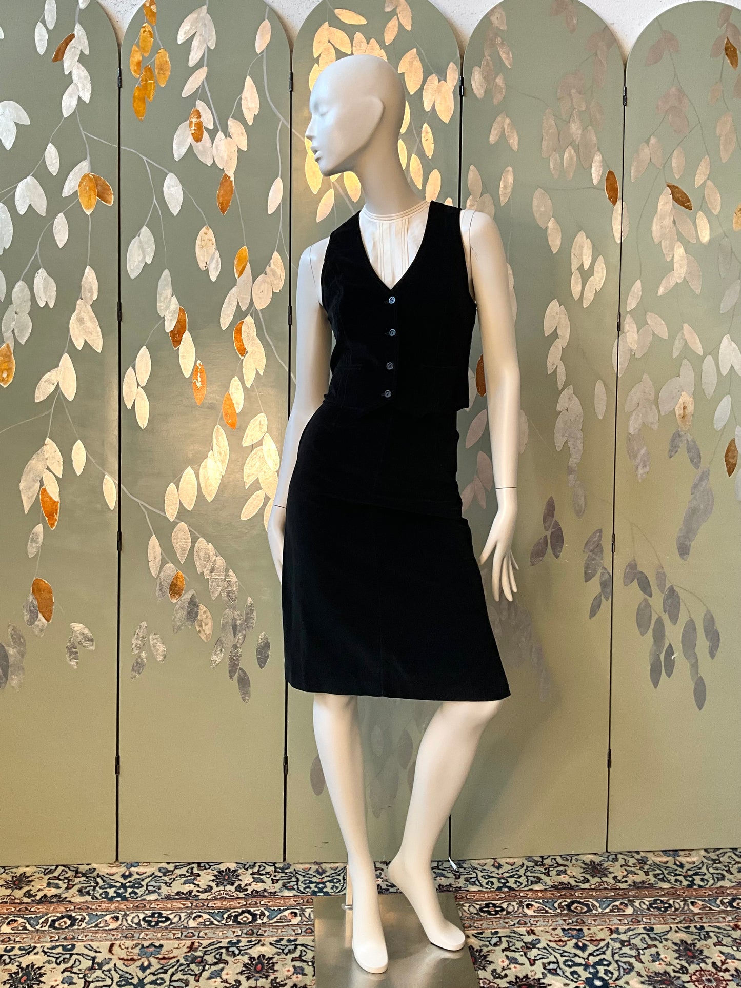 Vintage 1970s Black Velvet 3 Piece Skirt, Vest and Jacket Set, XS