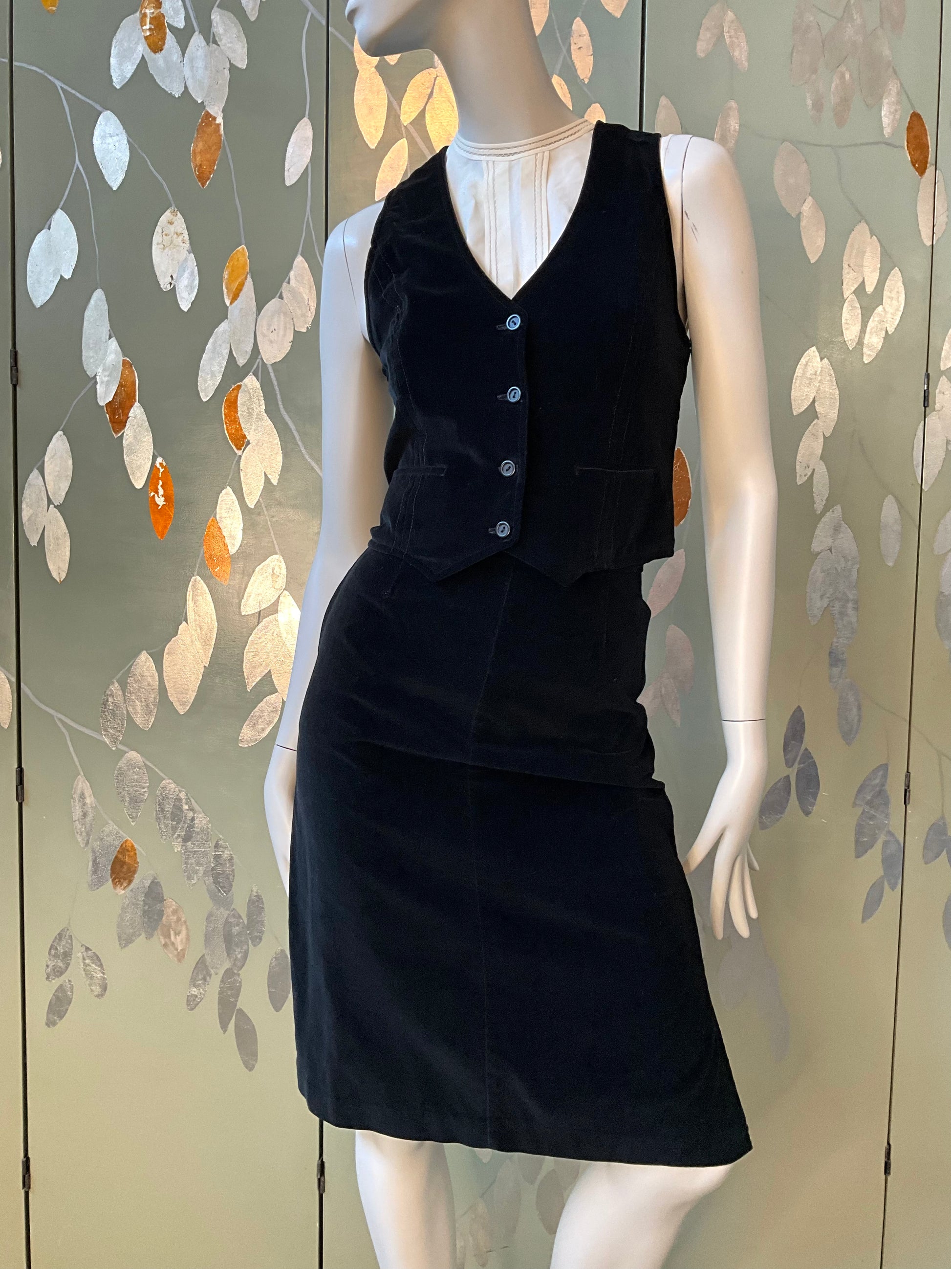 Vintage 1970s Black Velvet 3 Piece Skirt, Vest and Jacket Set, XS