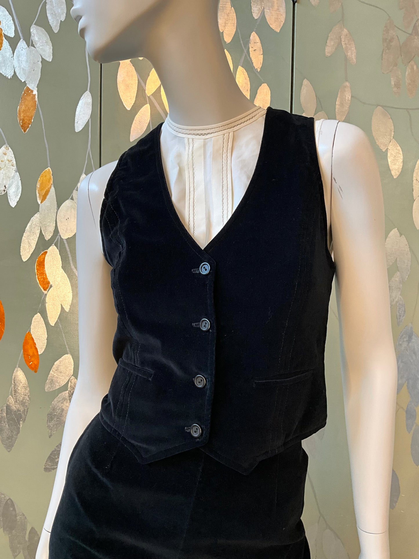 Vintage 1970s Black Velvet 3 Piece Skirt, Vest and Jacket Set, XS