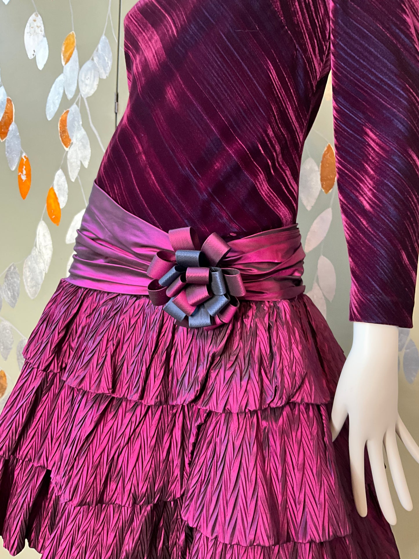 Vintage 1980s Purple Velvet and Taffeta Long Sleeve Tiered Dress, Small 