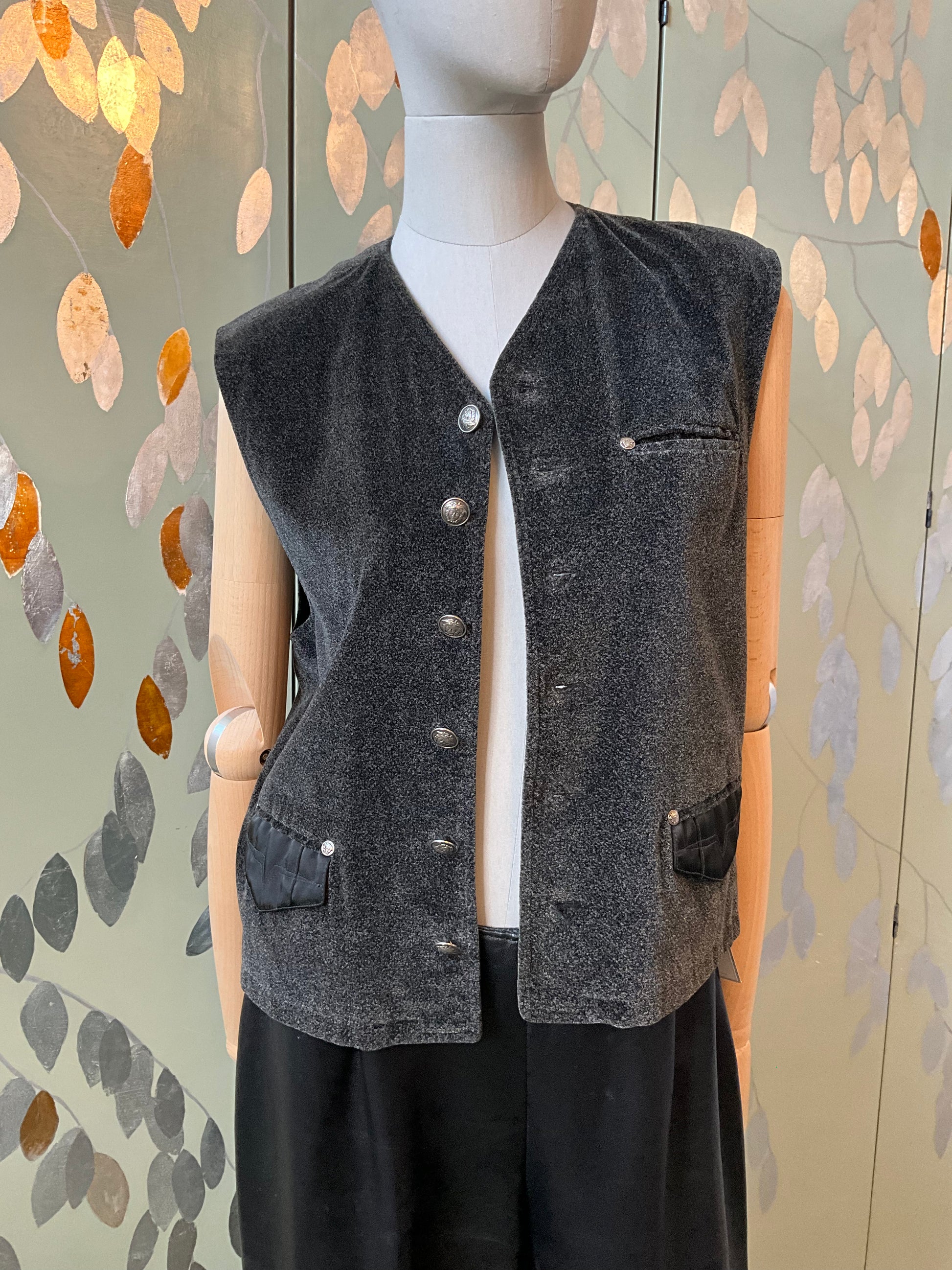 Vintage 1990s Versace Jeans Couture Grey Velvet Vest, Medium