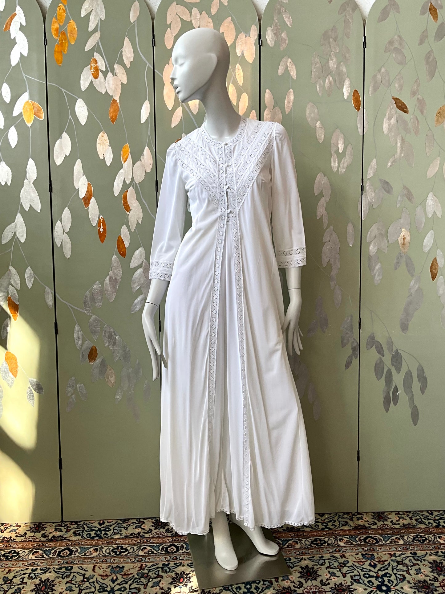 Vintage 1970s White Crochet Trim Nightgown and Robe Set, Small 