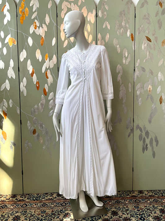 Vintage 1970s White Crochet Trim Nightgown and Robe Set, Small 