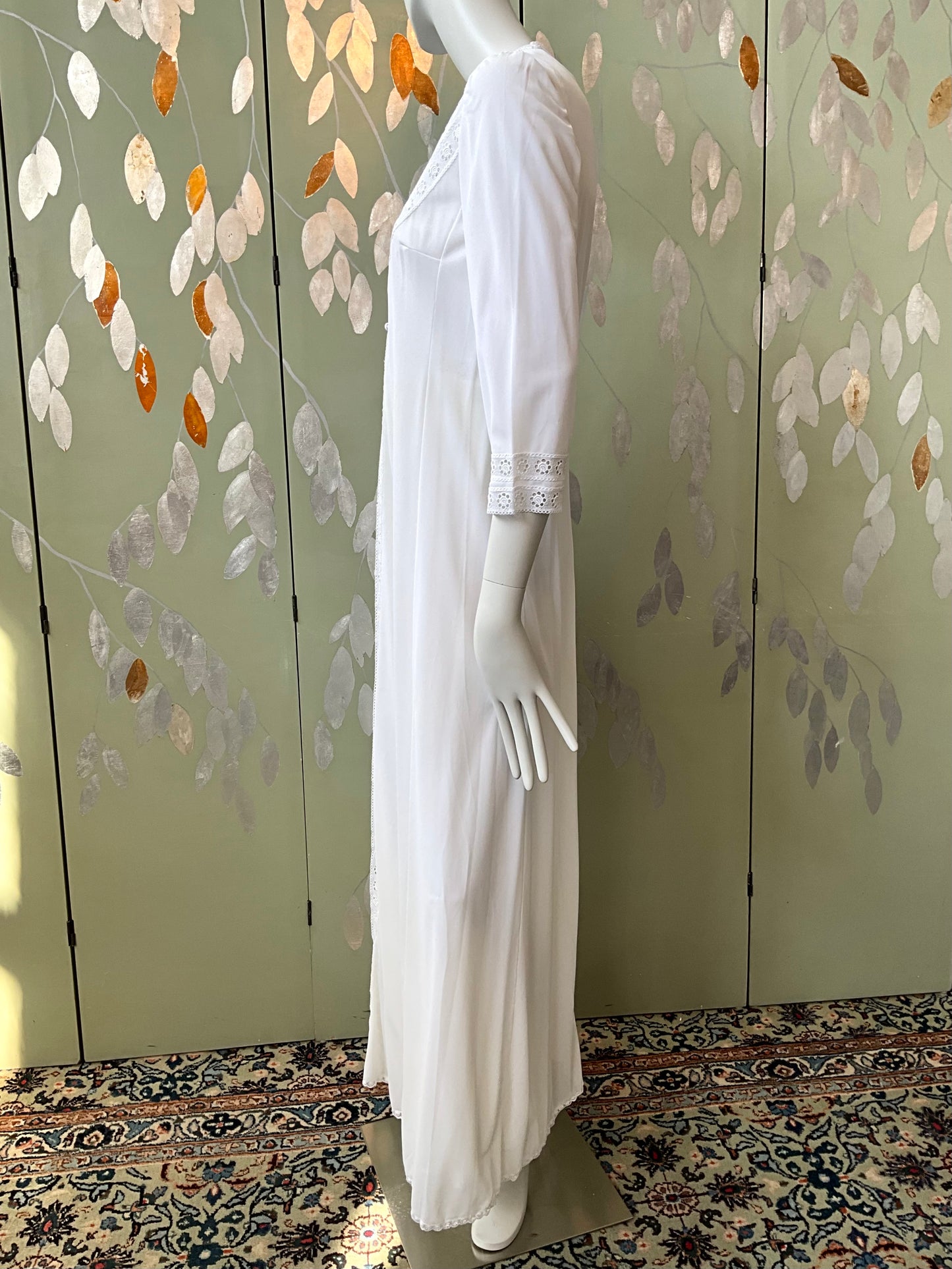 Vintage 1970s White Crochet Trim Nightgown and Robe Set, Small 