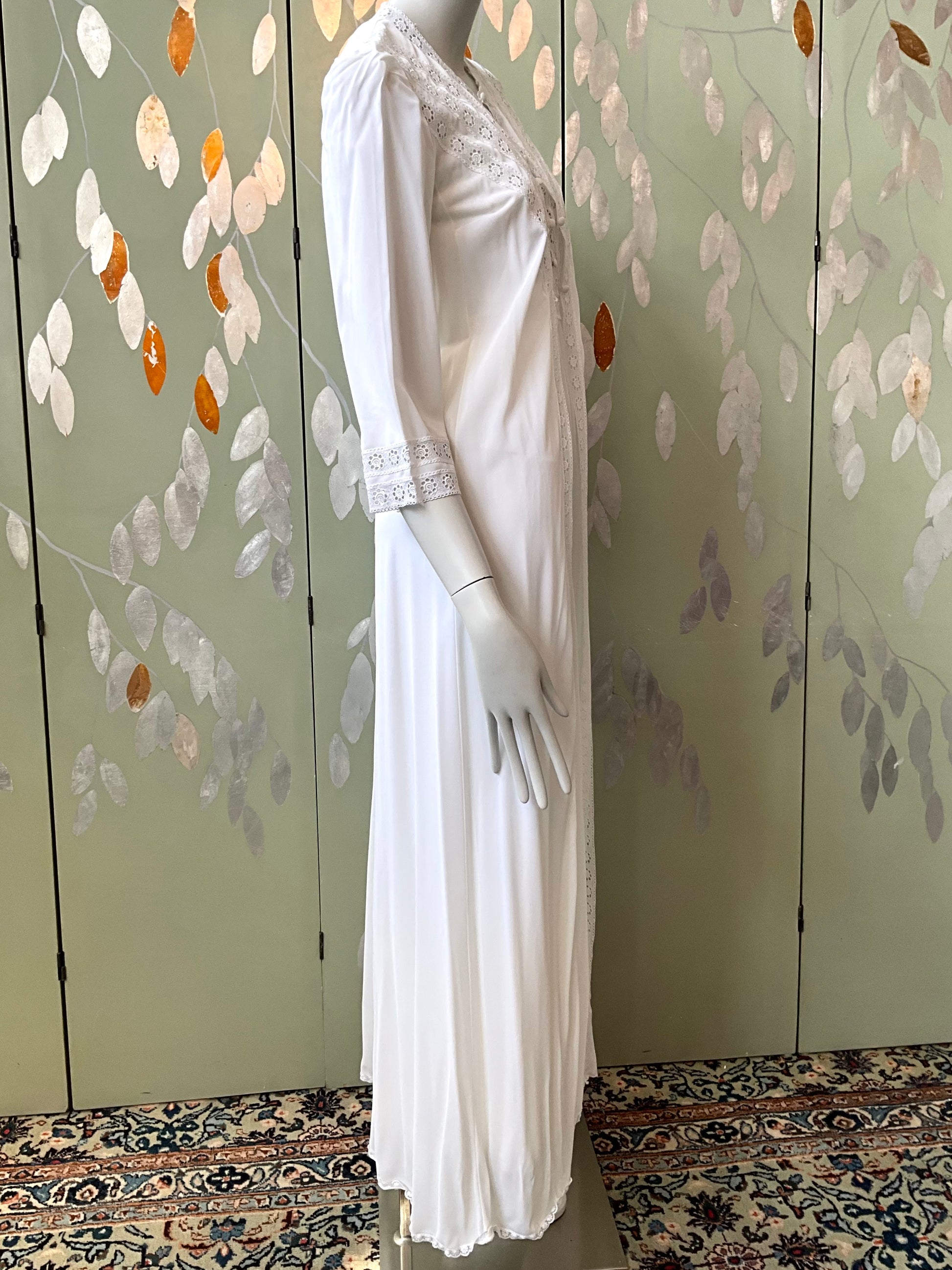 Vintage 1970s White Crochet Trim Nightgown and Robe Set, Small 