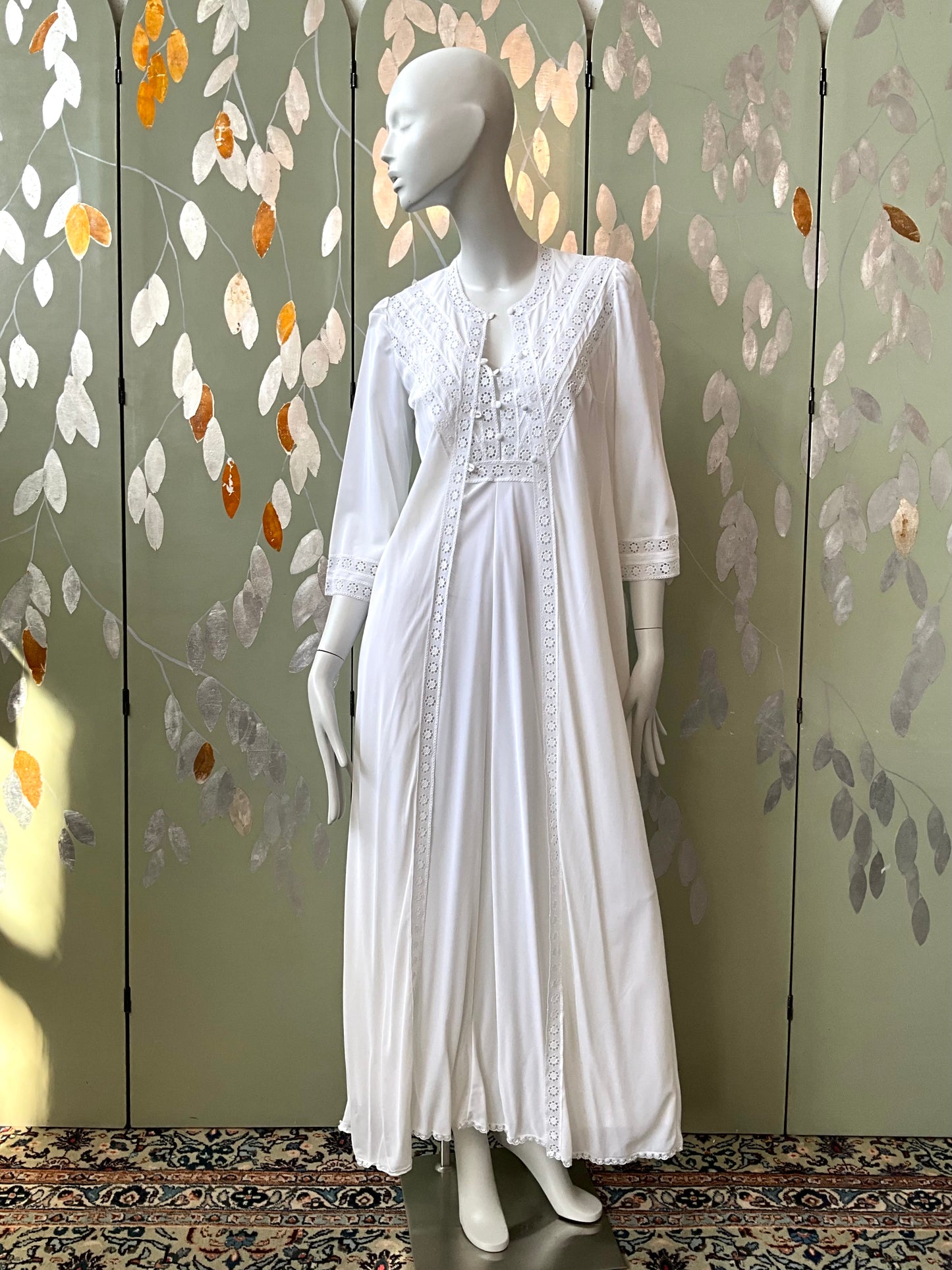 Vintage 1970s White Crochet Trim Nightgown and Robe Set, Small 