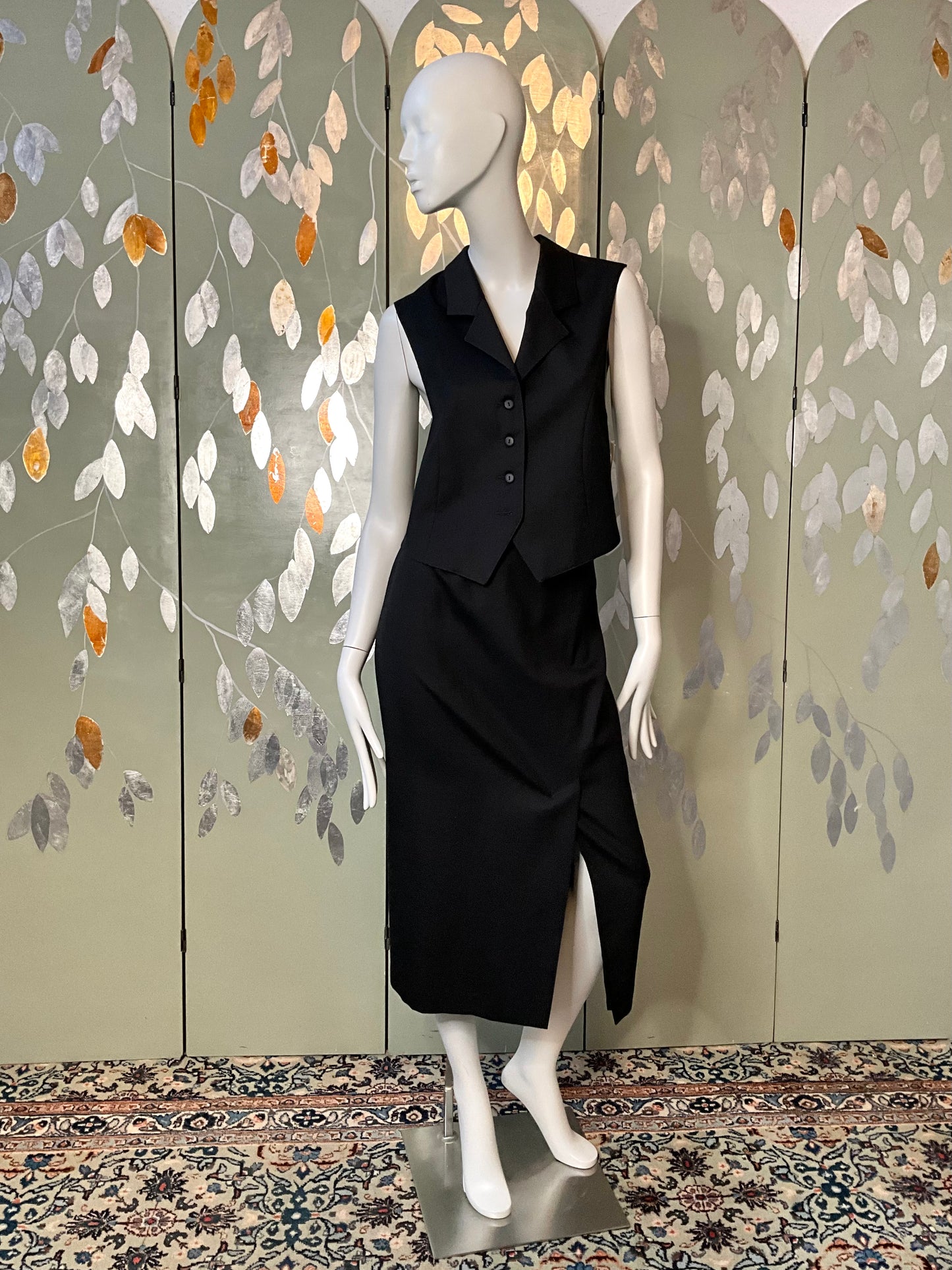 Vintage 1980s Deadstock Black Wool Midi Skirt and Waistcoat Set, Medium 