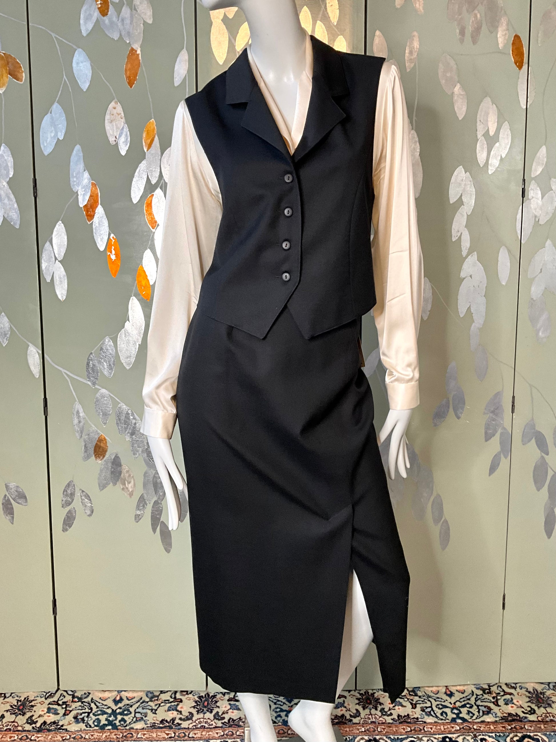 Vintage 1980s Deadstock Black Wool Midi Skirt and Waistcoat Set, Medium 