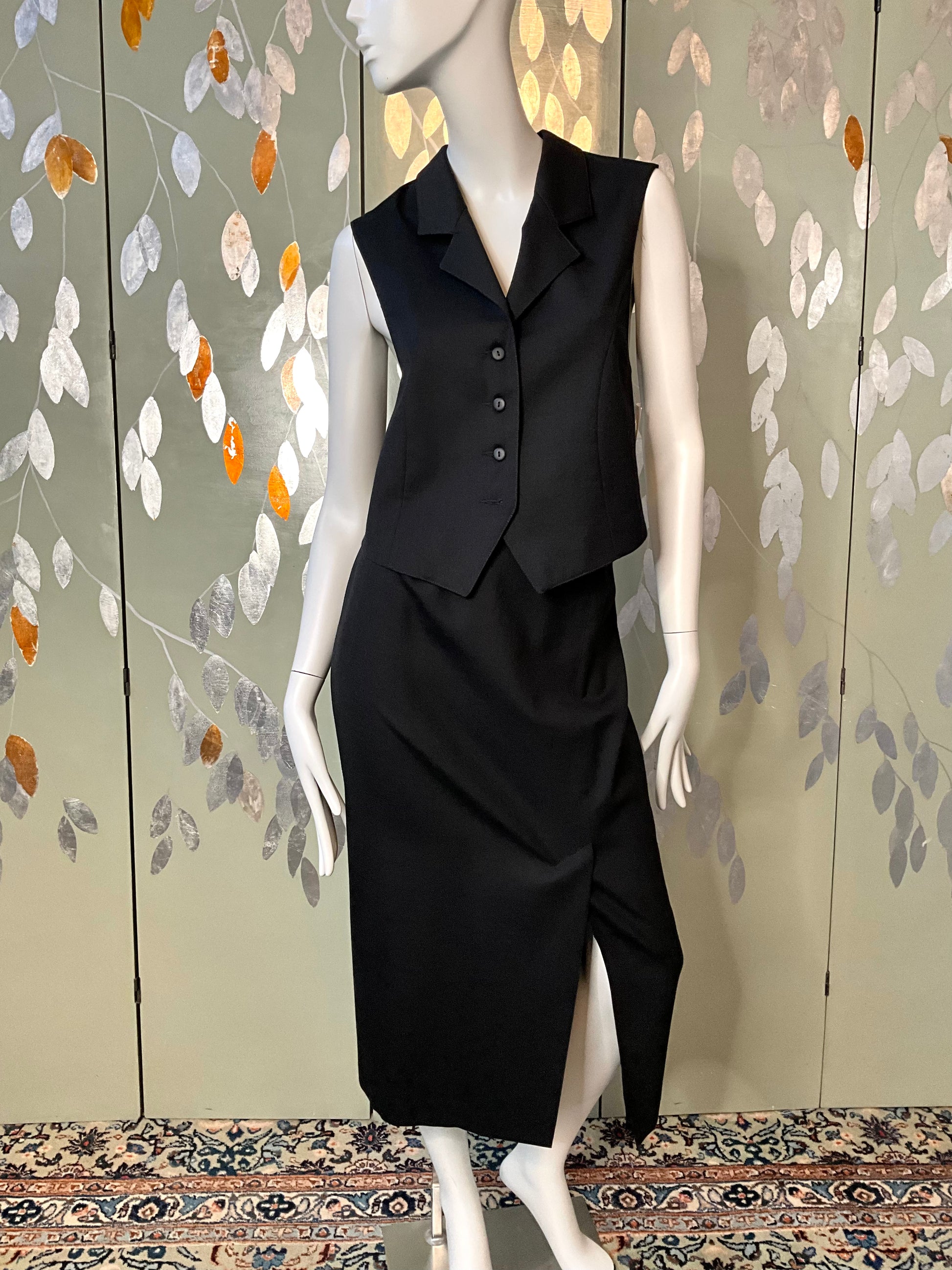 Vintage 1980s Deadstock Black Wool Midi Skirt and Waistcoat Set, Medium 