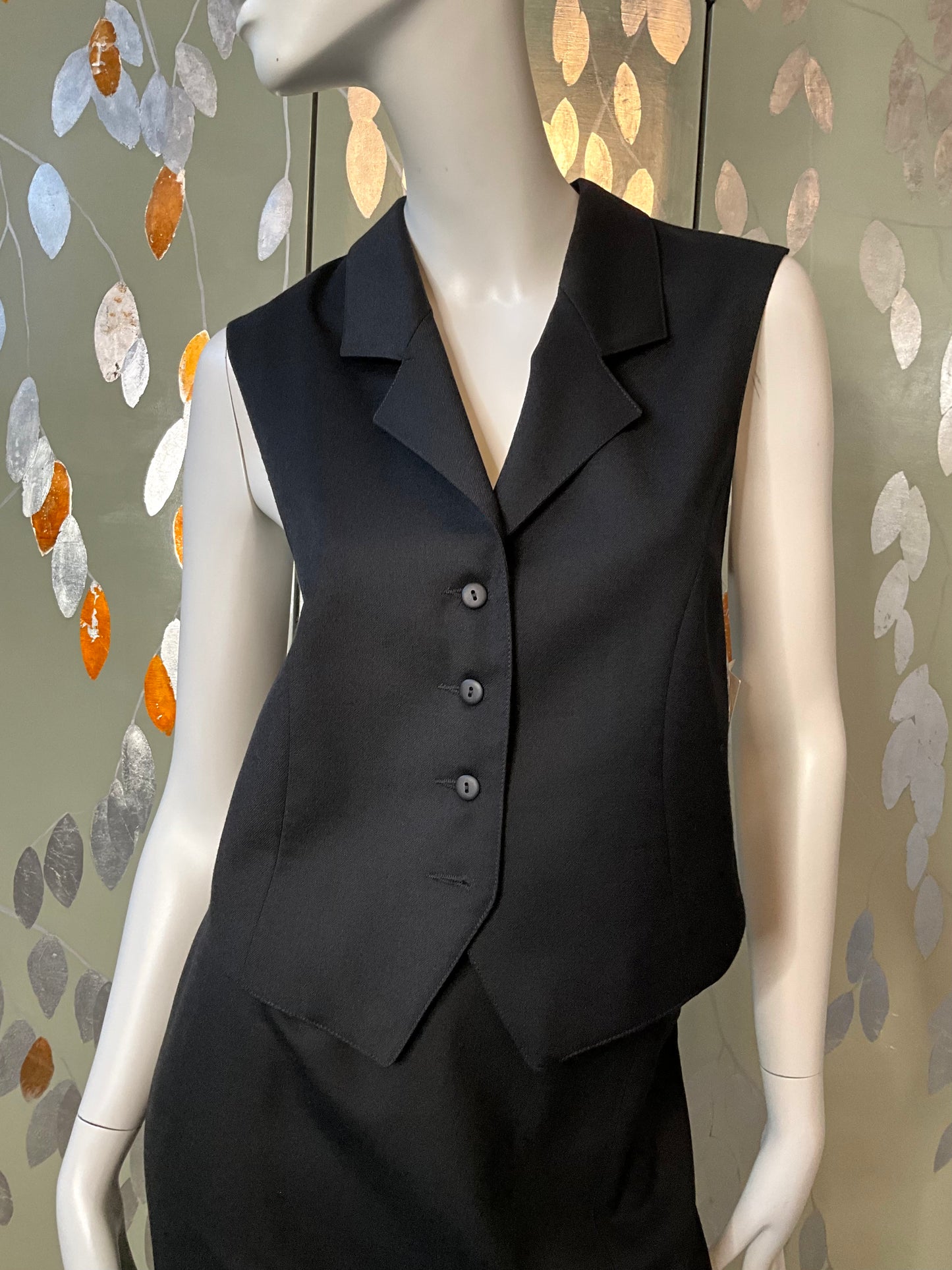 Vintage 1980s Deadstock Black Wool Midi Skirt and Waistcoat Set, Medium 