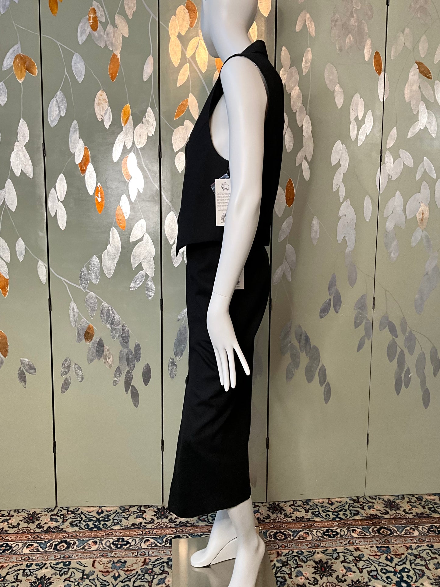 Vintage 1980s Deadstock Black Wool Midi Skirt and Waistcoat Set, Medium 