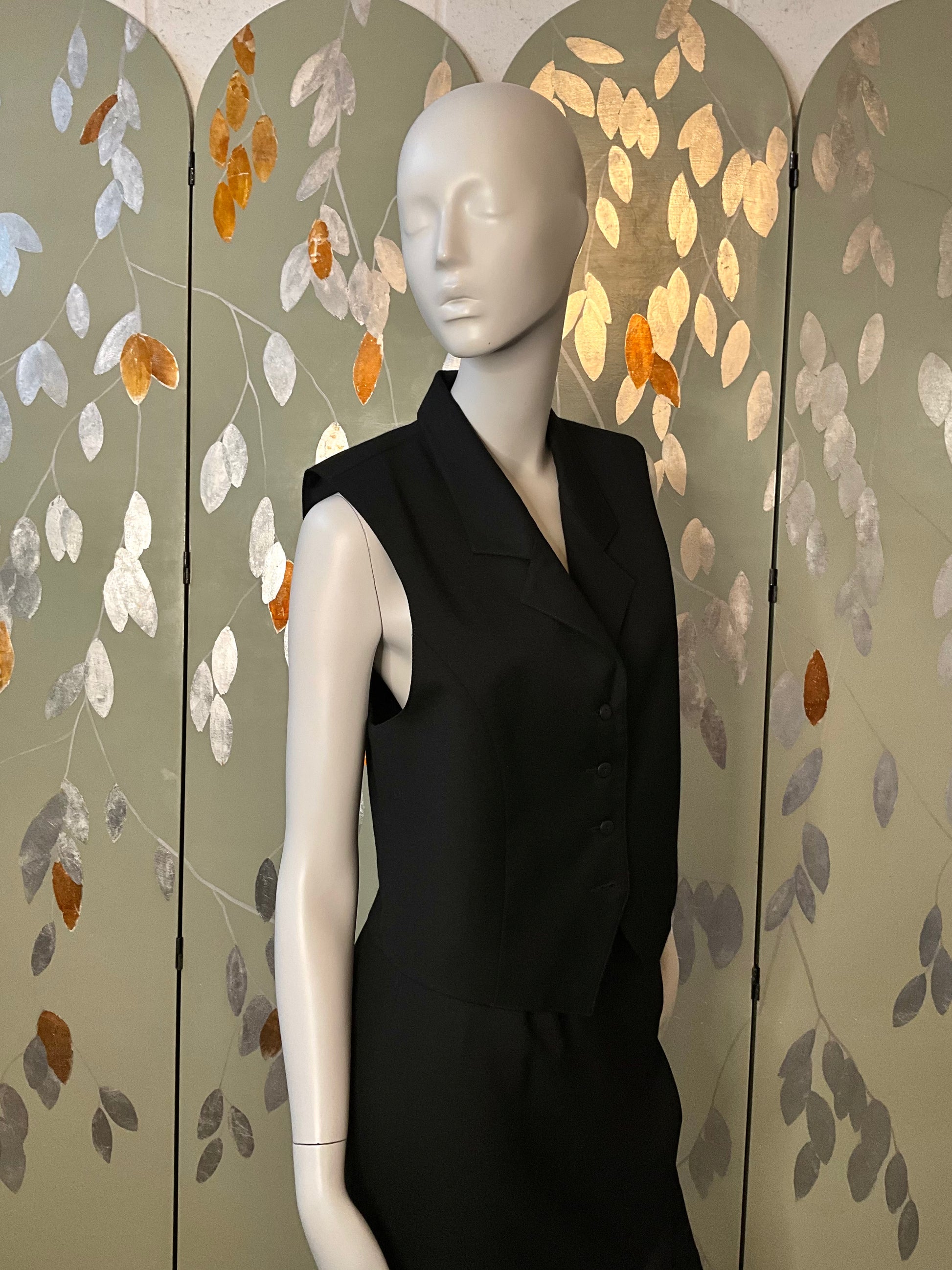 Vintage 1980s Deadstock Black Wool Midi Skirt and Waistcoat Set, Medium 