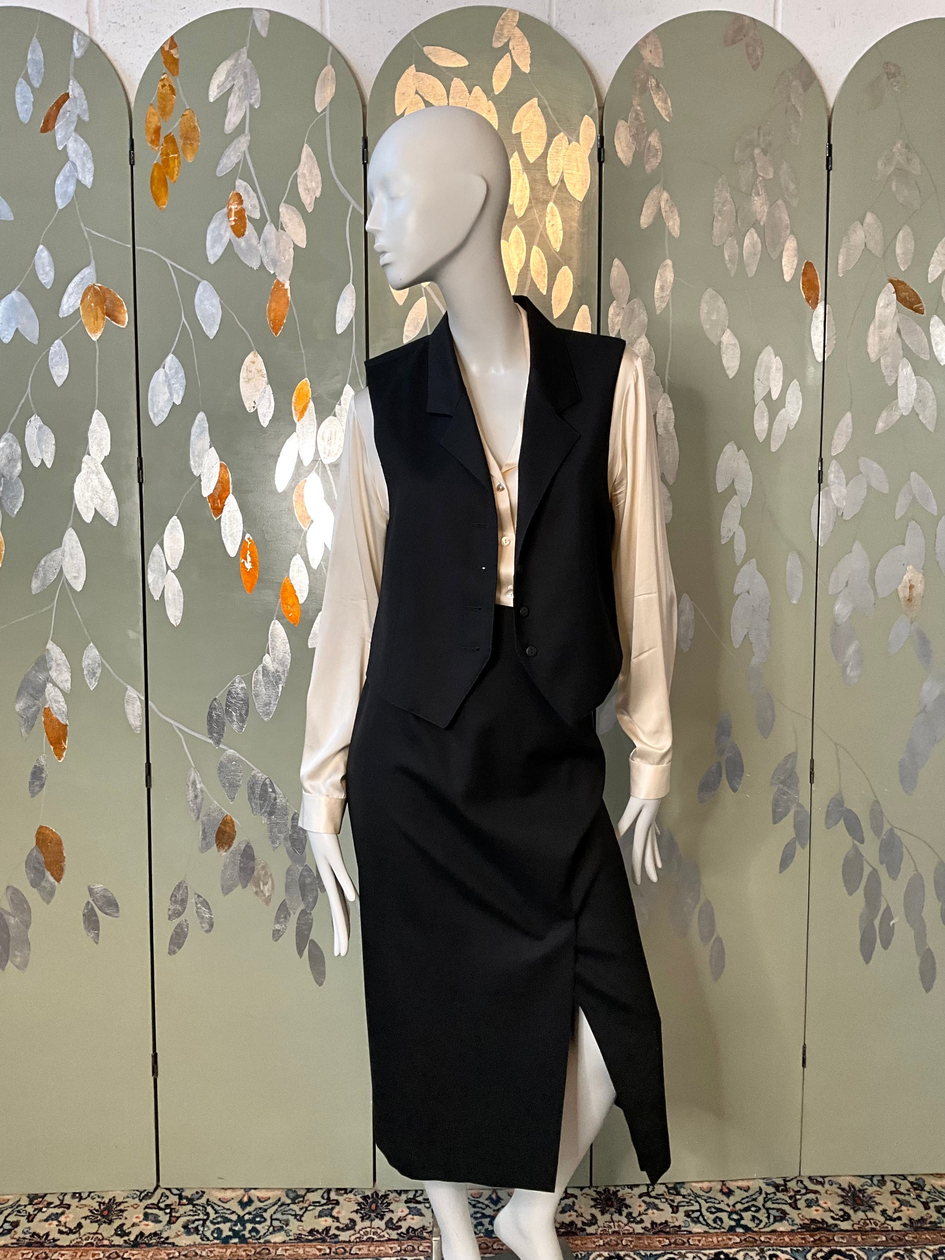 Vintage 1980s Deadstock Black Wool Midi Skirt and Waistcoat Set, Medium 