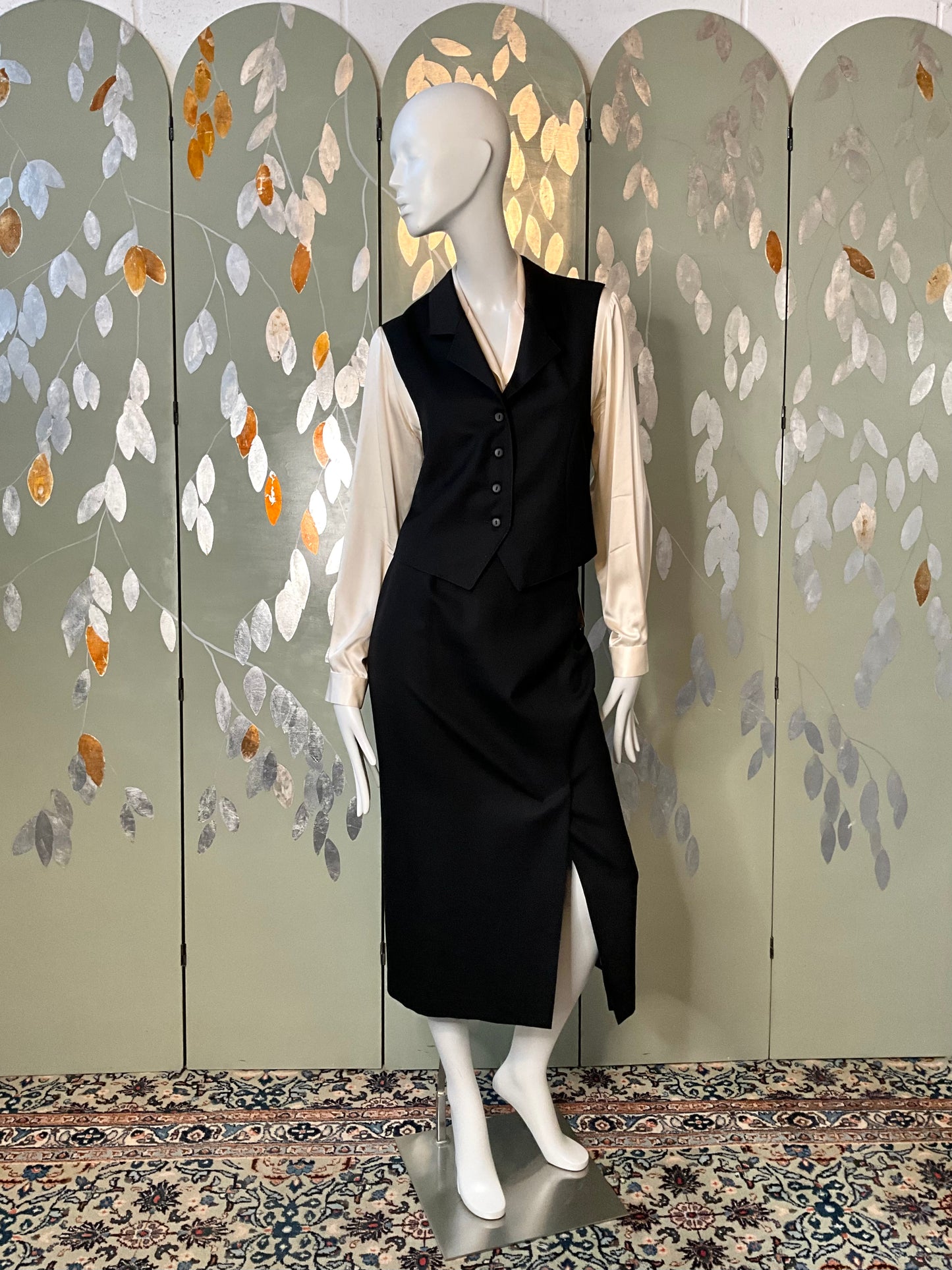 Vintage 1980s Deadstock Black Wool Midi Skirt and Waistcoat Set, Medium 