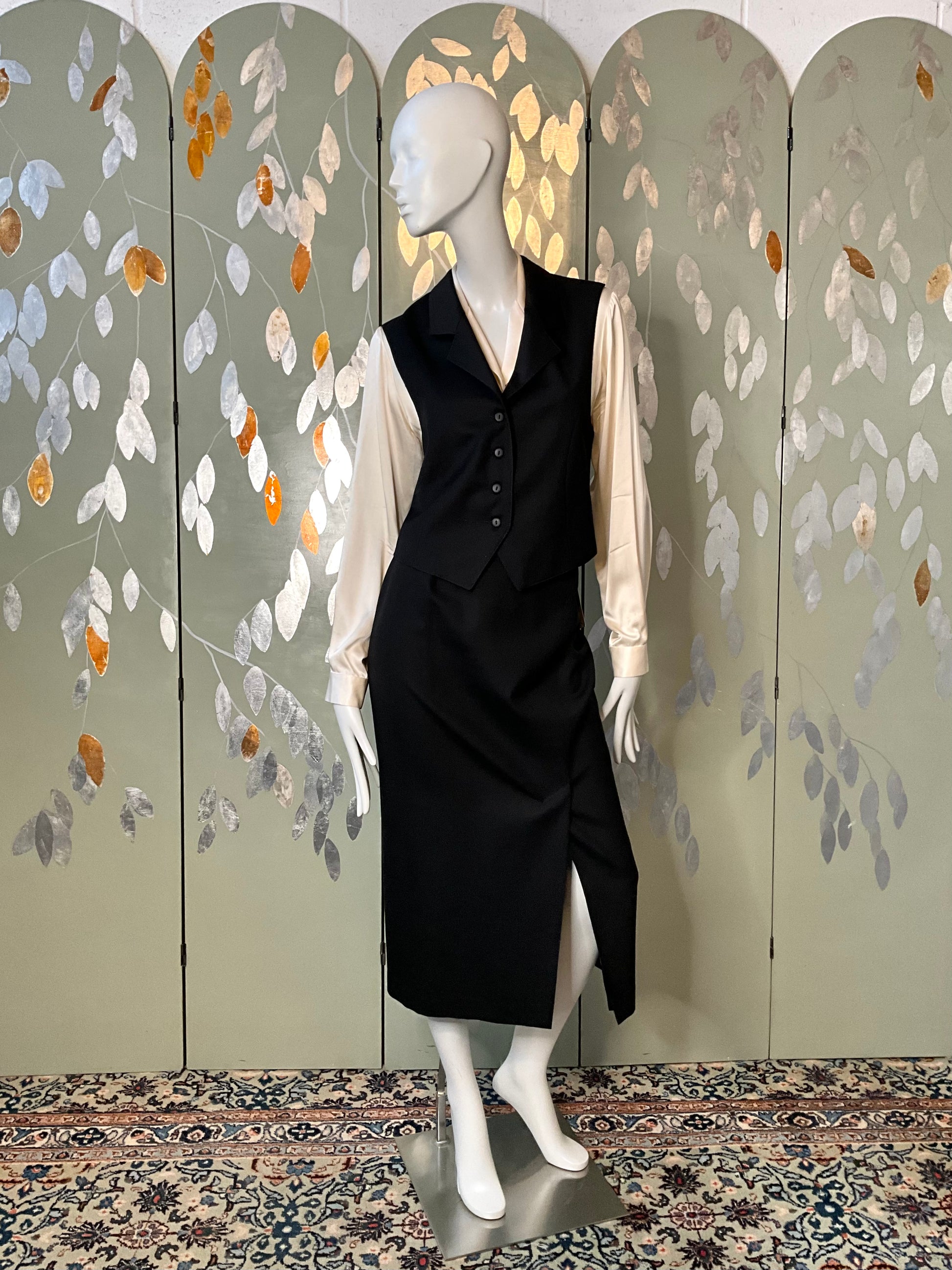 Vintage 1980s Deadstock Black Wool Midi Skirt and Waistcoat Set, Medium 