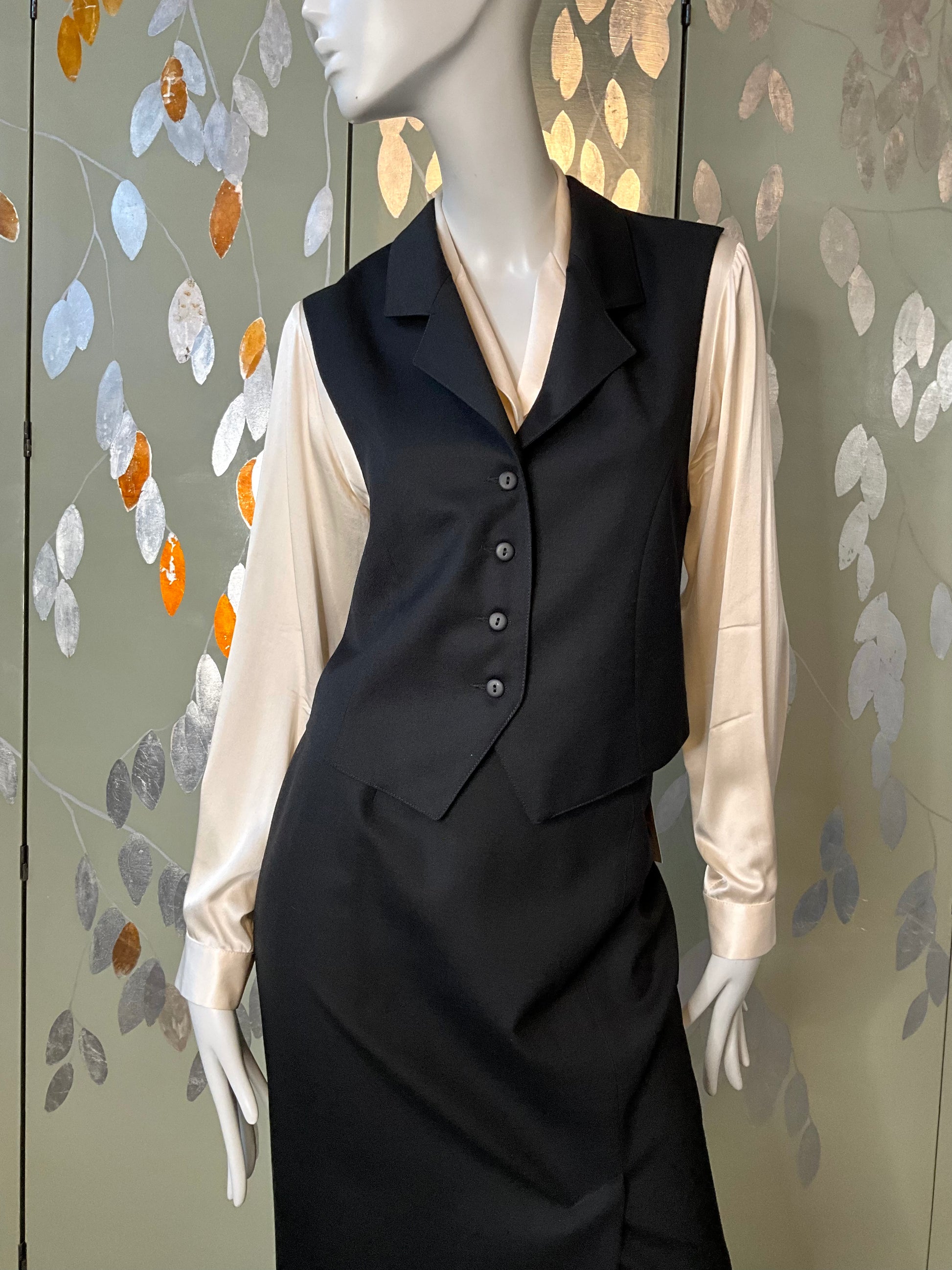 Vintage 1980s Deadstock Black Wool Midi Skirt and Waistcoat Set, Medium 