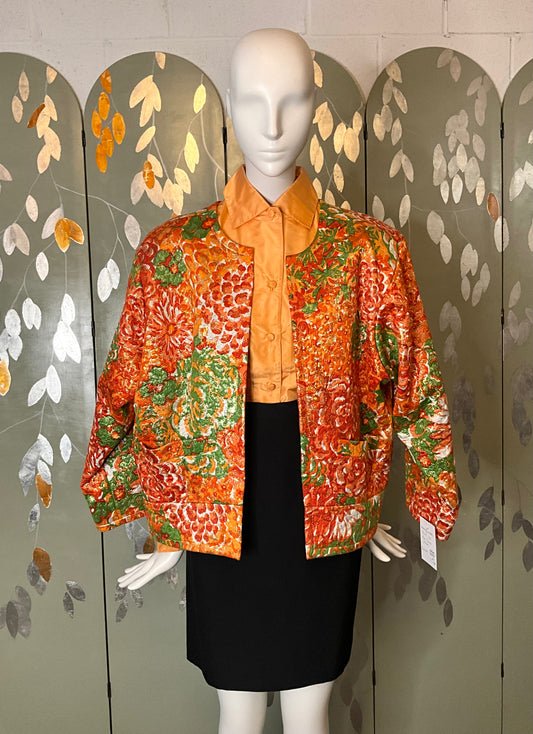 Vintage 80s/90s Orange and Green Metallic Floral Brocade Yves Saint Laurent Topper Jacket, L-XL