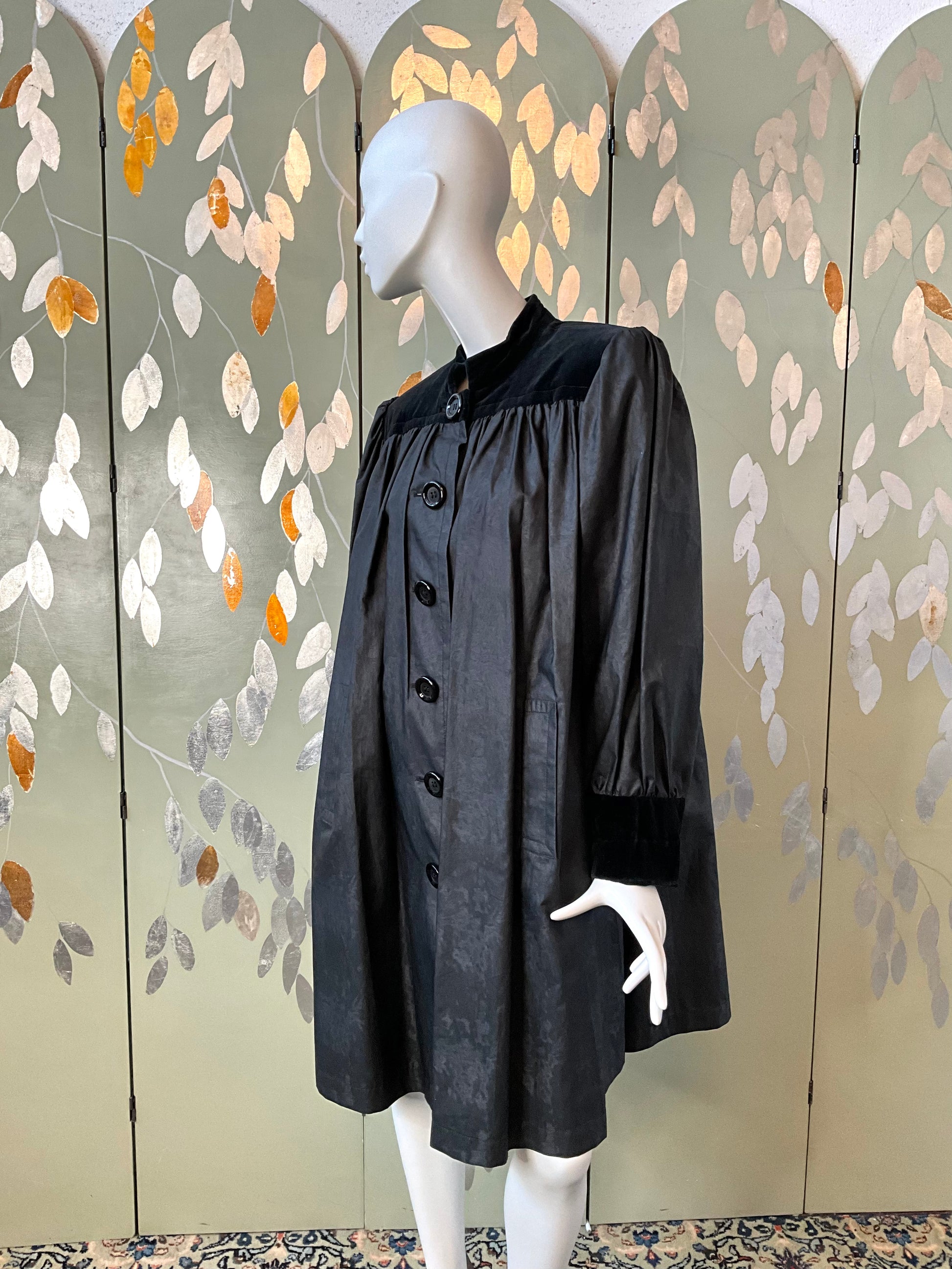 Vintage 1980s Yves Saint Laurent Black Coat With Velvet Trim Vintage 1980s Yves Saint Laurent Black Coat With Velvet Trim