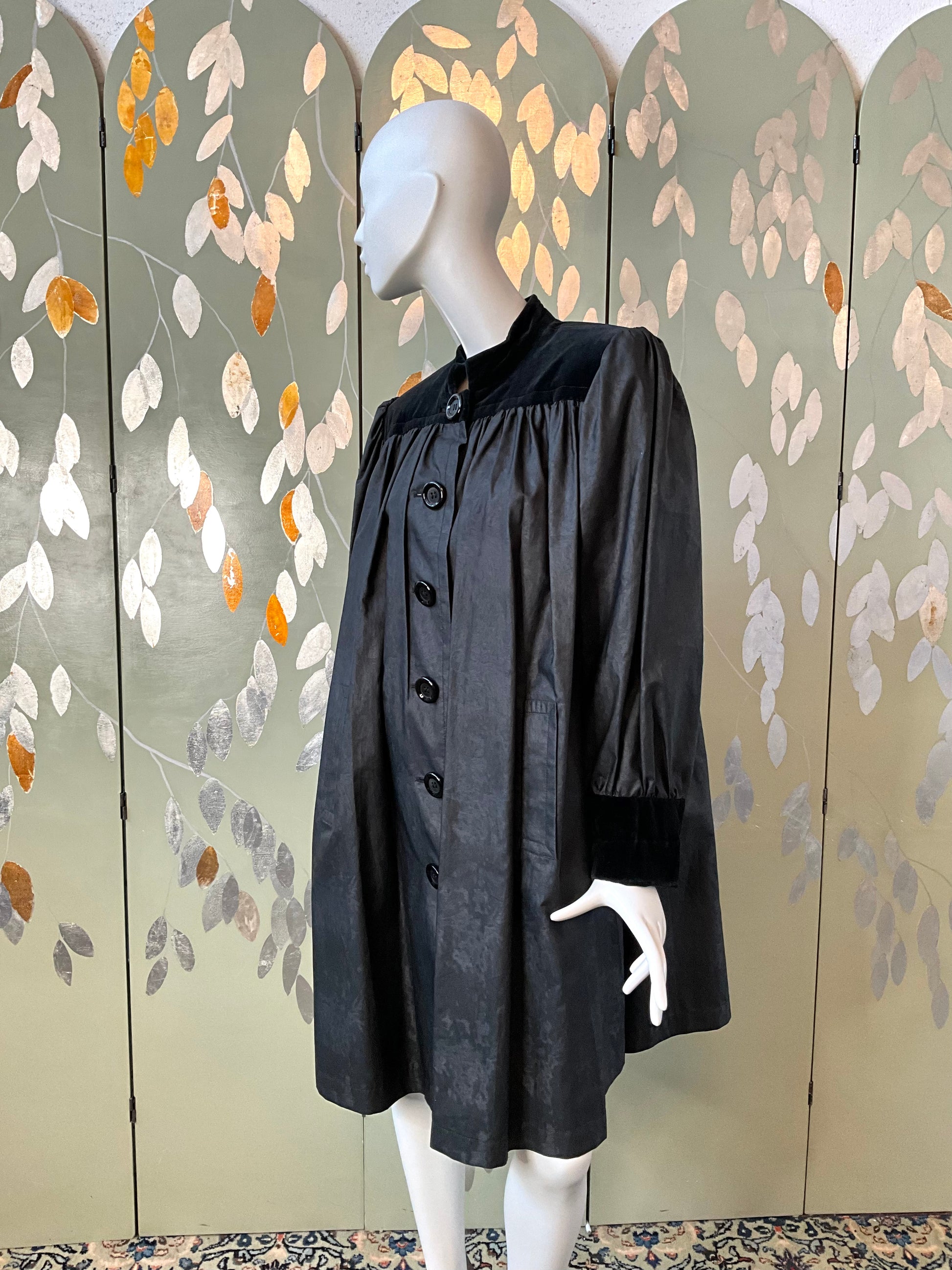 Vintage 1980s Yves Saint Laurent Black Coat With Velvet Trim, Large  