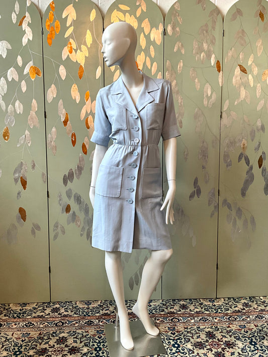 Vintage 1980s Yves Saint Laurent Blue Shirt Dress, XS