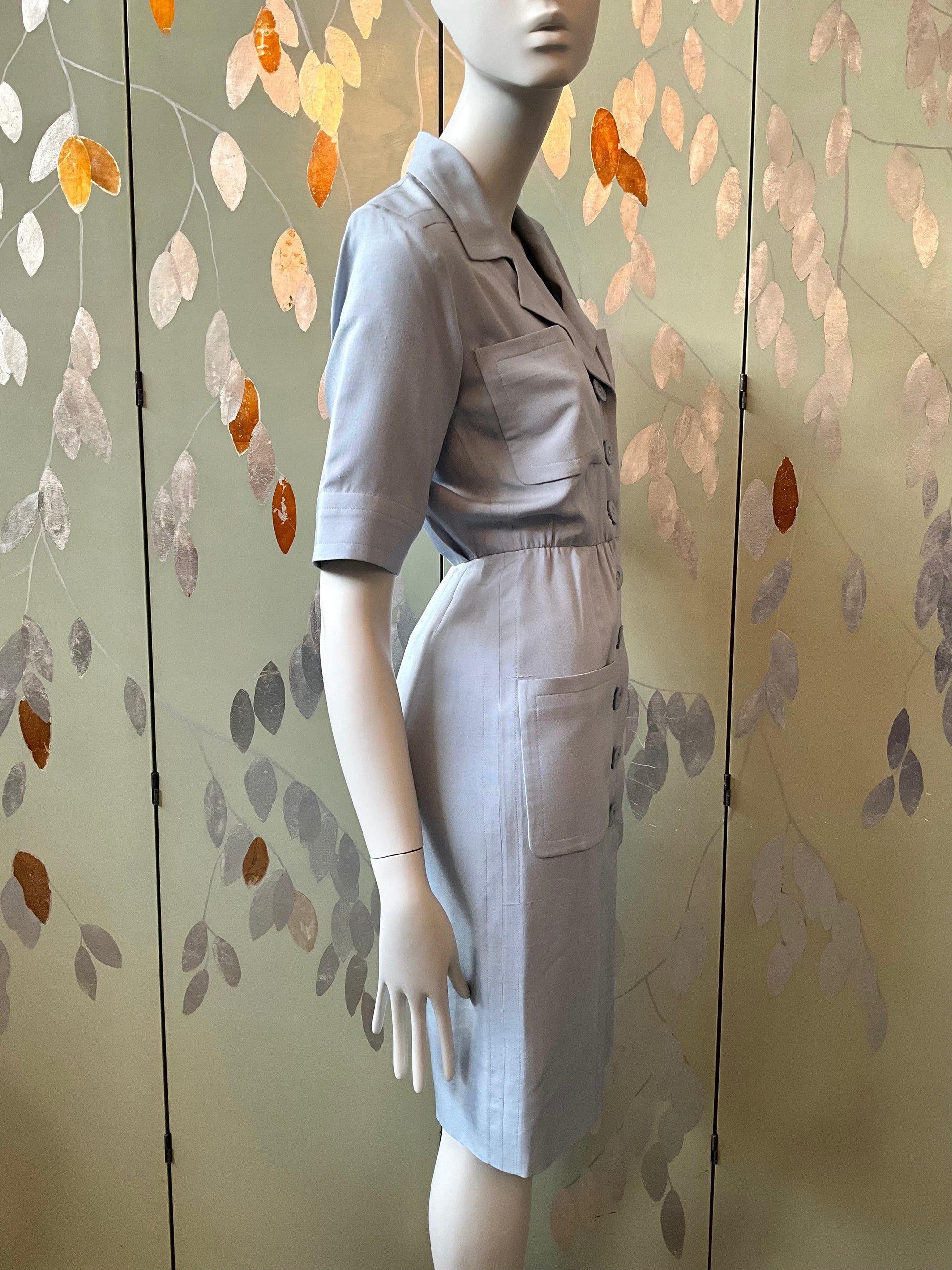 Vintage 1980s Yves Saint Laurent Blue Shirt Dress, XS