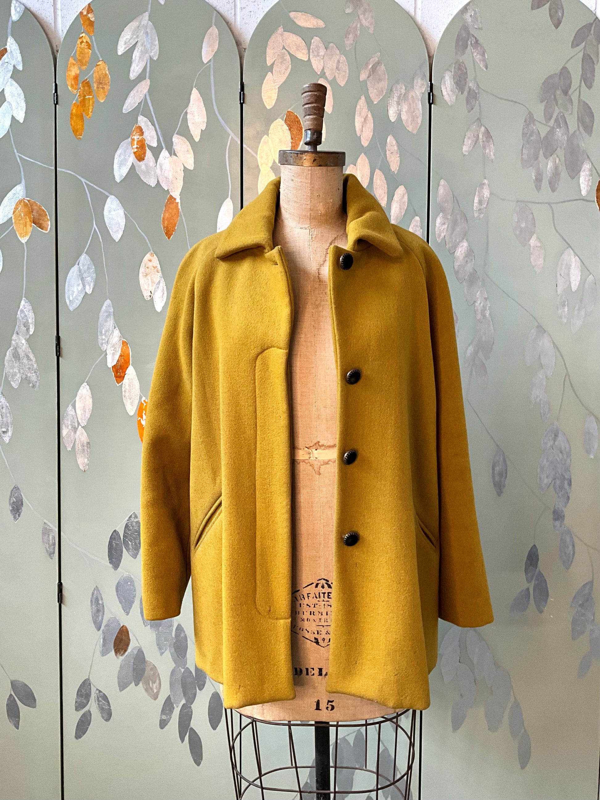 Vintage 1990s Yellow Wool Raglan Sleeve Coat, Large 