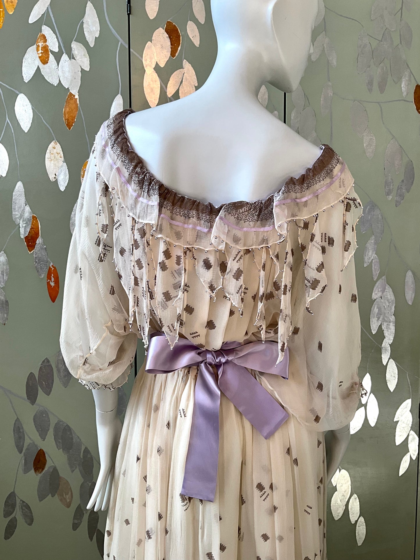 Vintage 1980s Zandra Rhodes Cream Chiffon Printed Maxi Dress, Medium 
