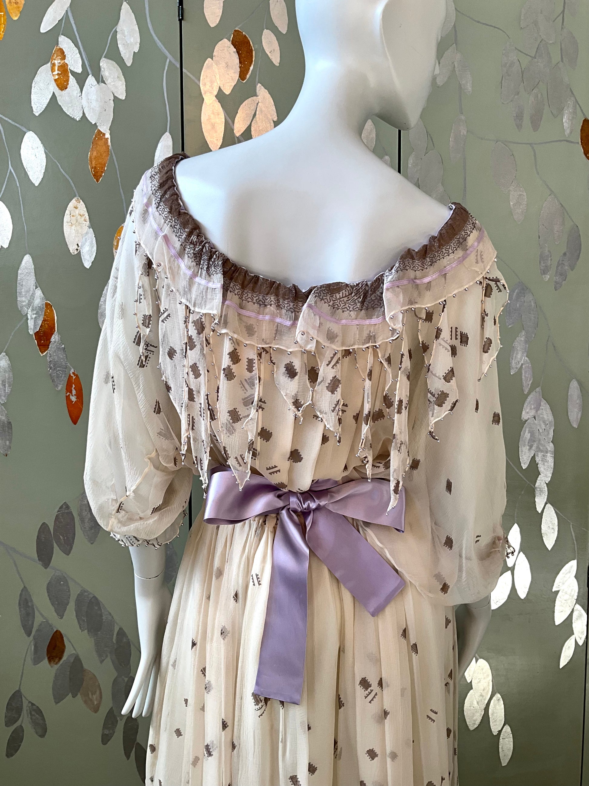 Vintage 1980s Zandra Rhodes Cream Chiffon Printed Maxi Dress, Medium 
