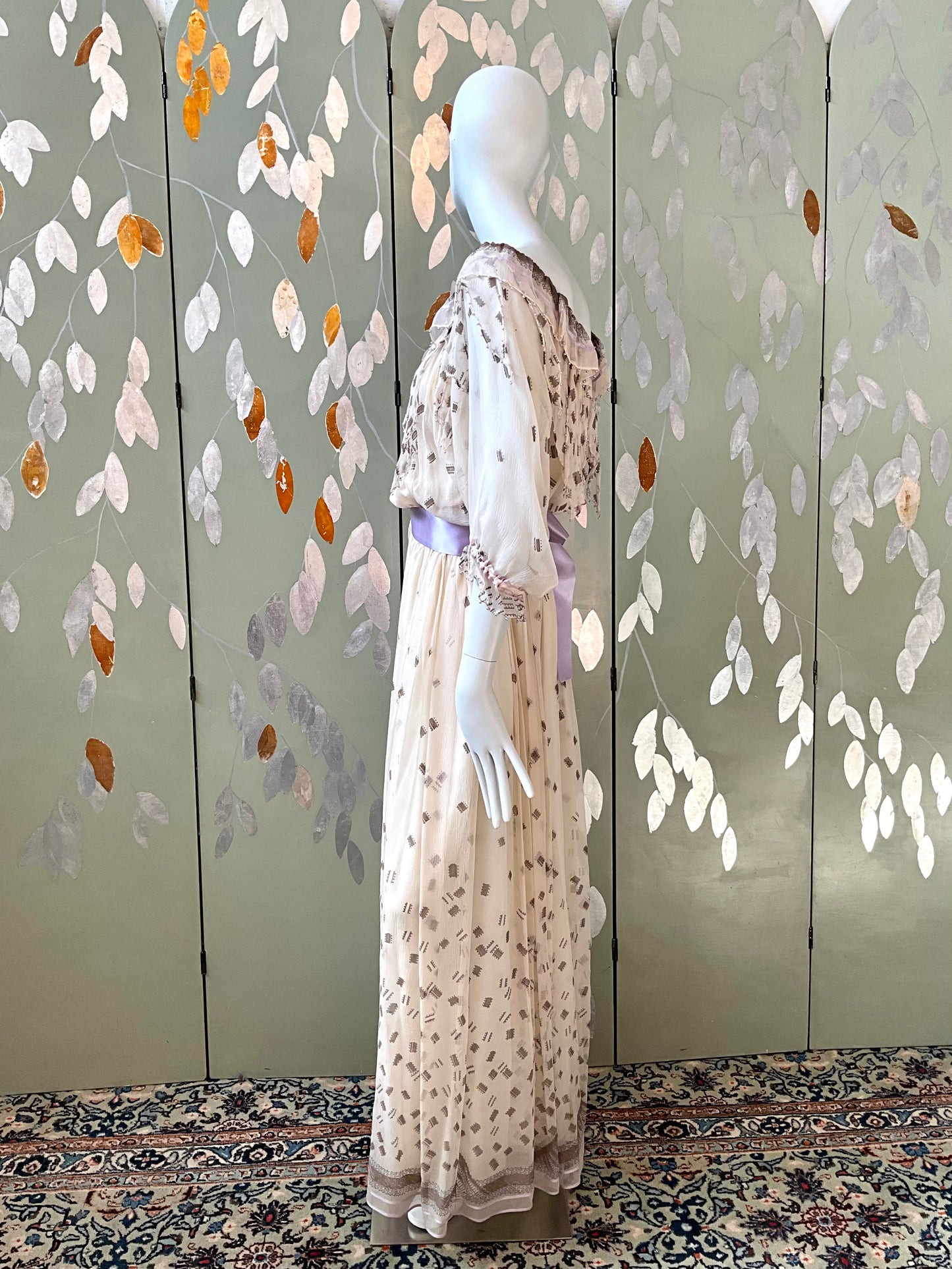 Vintage 1980s Zandra Rhodes Cream Chiffon Printed Maxi Dress, Medium 