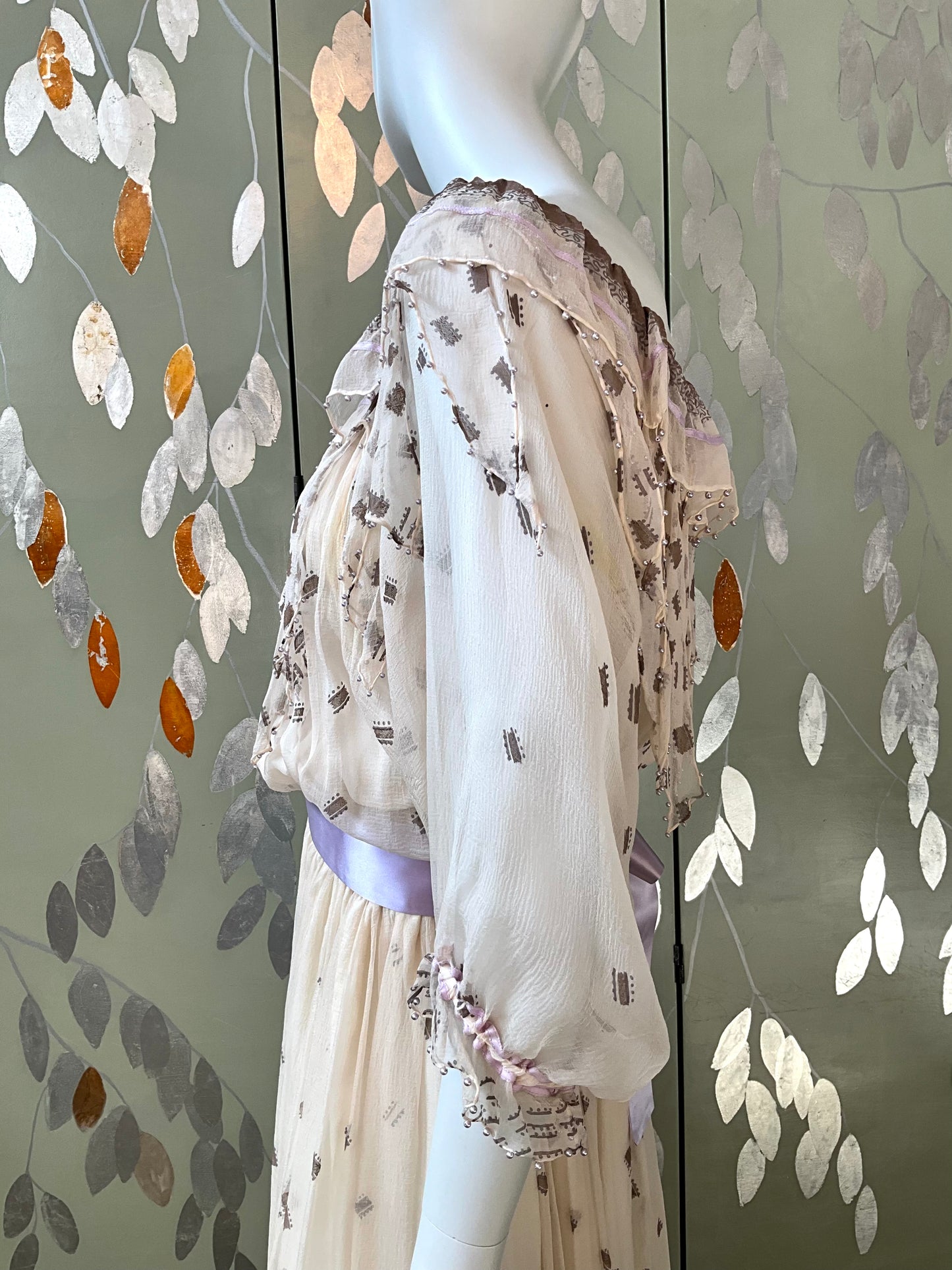 Vintage 1980s Zandra Rhodes Cream Chiffon Printed Maxi Dress, Medium 