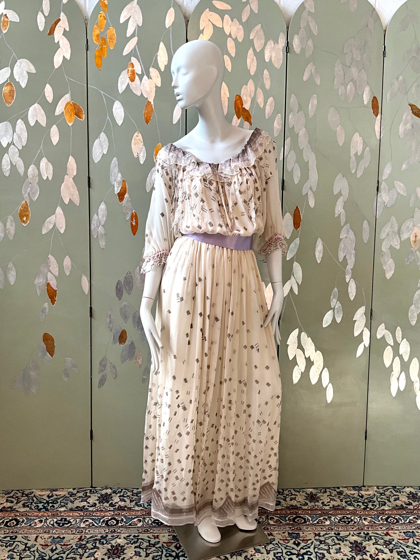 Vintage 1980s Zandra Rhodes Cream Chiffon Printed Maxi Dress, Medium 