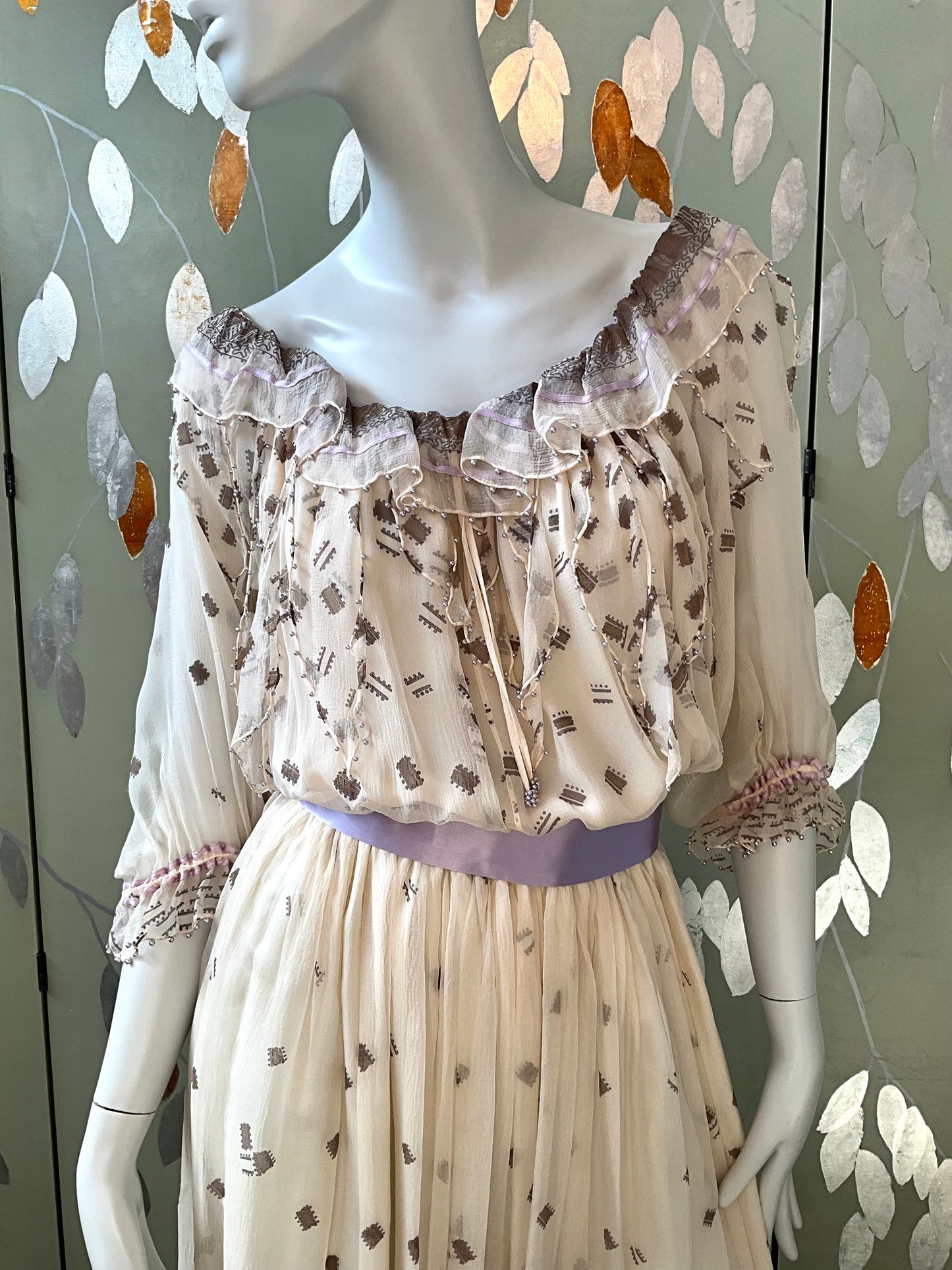 Vintage 1980s Zandra Rhodes Cream Chiffon Printed Maxi Dress, Medium 