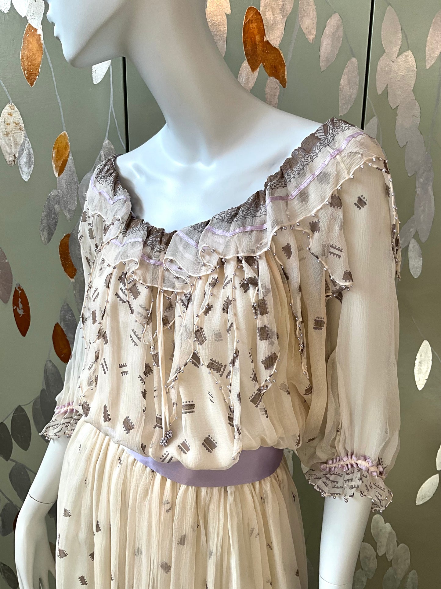 Vintage 1980s Zandra Rhodes Cream Chiffon Printed Maxi Dress, Medium 