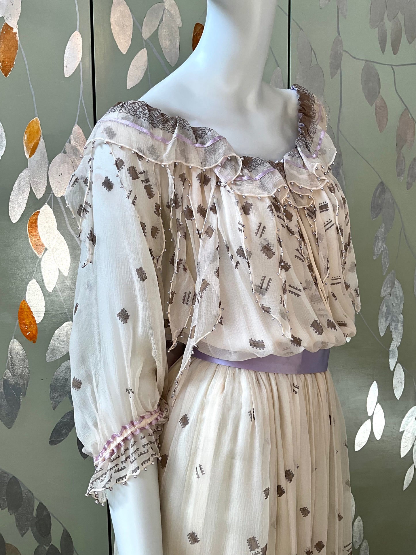 Vintage 1980s Zandra Rhodes Cream Chiffon Printed Maxi Dress, Medium 
