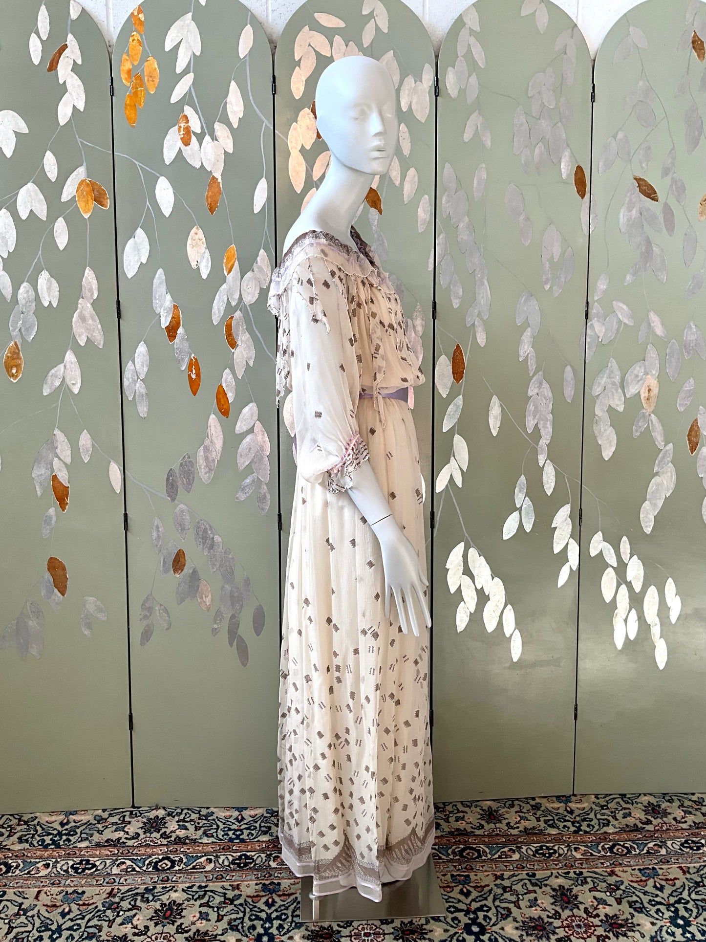 Vintage 1980s Zandra Rhodes Cream Chiffon Printed Maxi Dress, Medium 