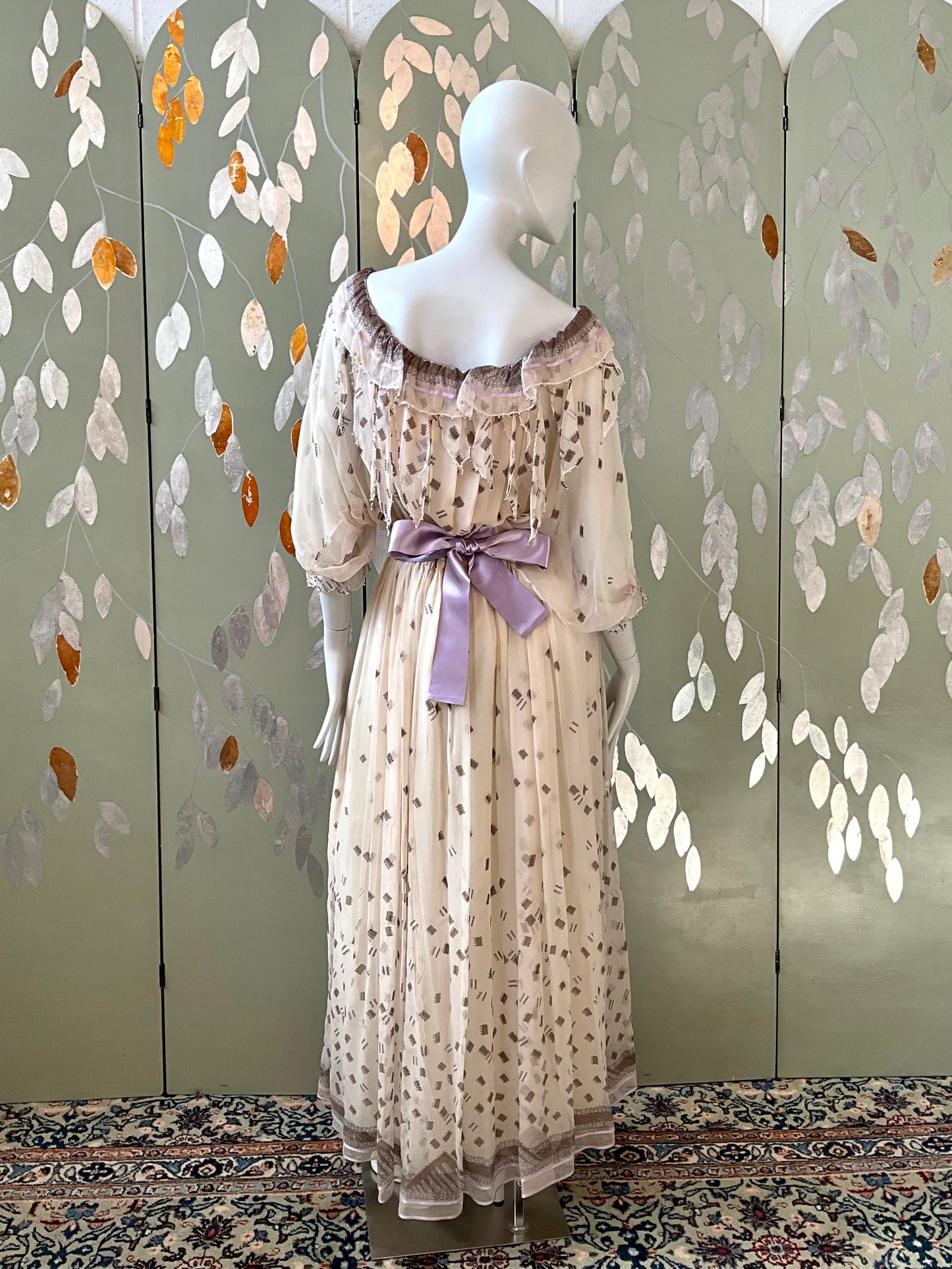 Vintage 1980s Zandra Rhodes Cream Chiffon Printed Maxi Dress, Medium 