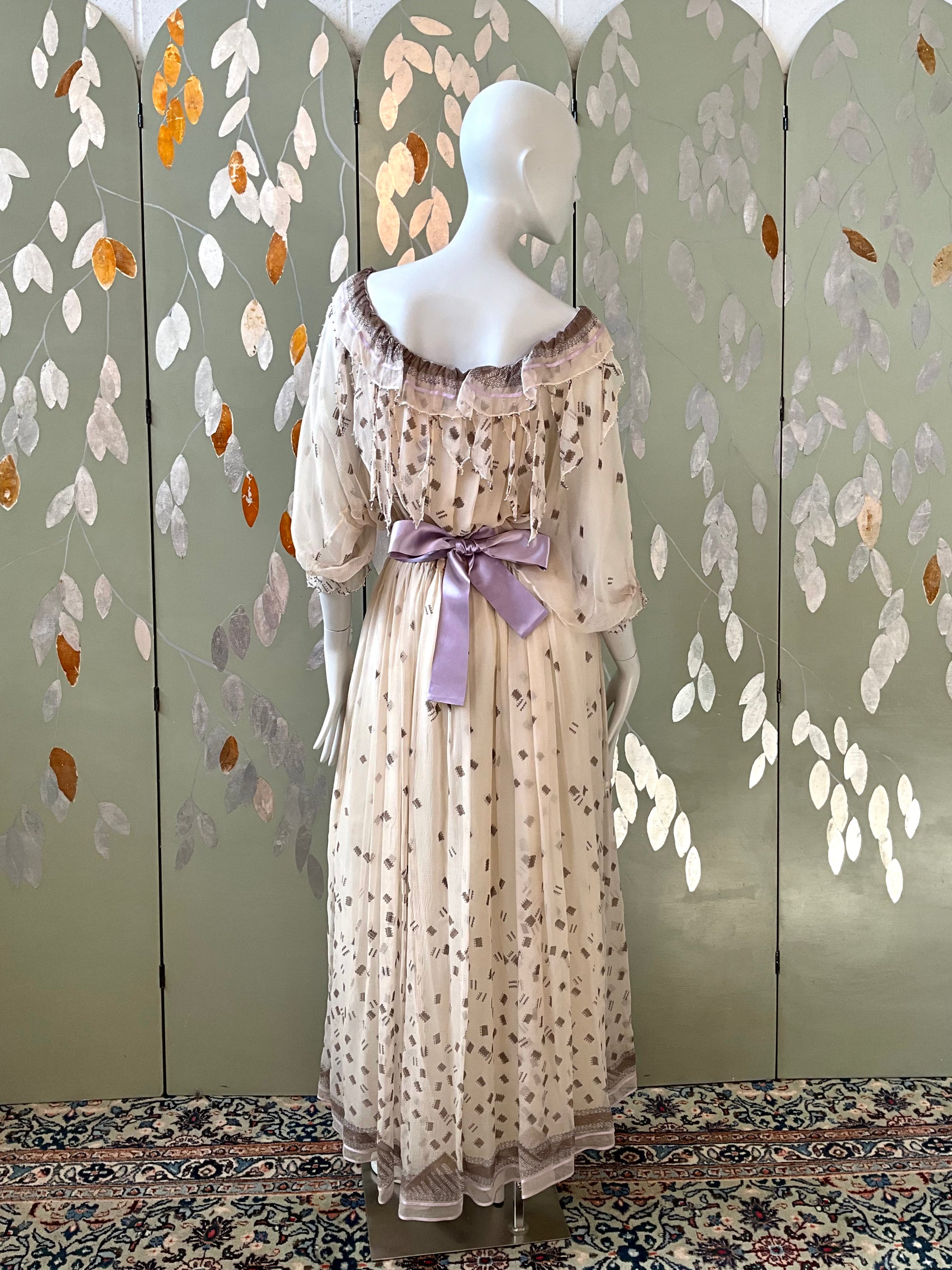 Vintage 1980s Zandra Rhodes Cream Chiffon Printed Maxi Dress, Medium 
