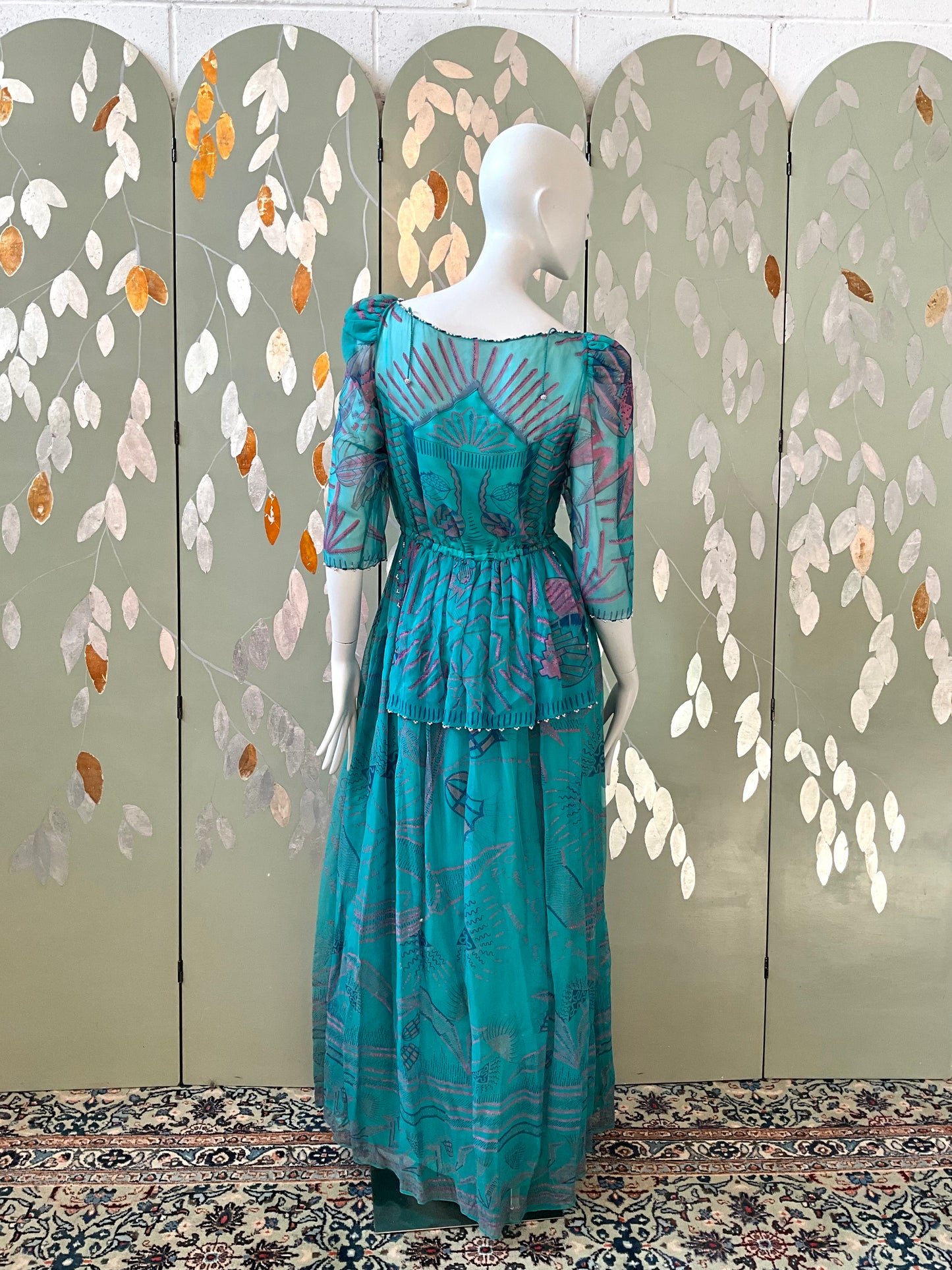 Vintage 1983 Zandra Rhodes Turquoise Printed Embellished Silk Chiffon Fairy Gown, Size 6