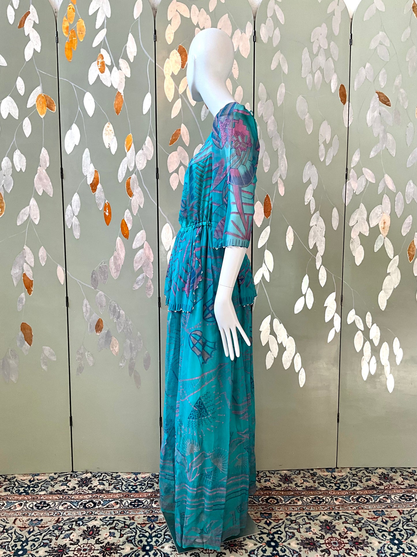 Vintage 1983 Zandra Rhodes Turquoise Printed Embellished Silk Chiffon Fairy Gown, Size 6