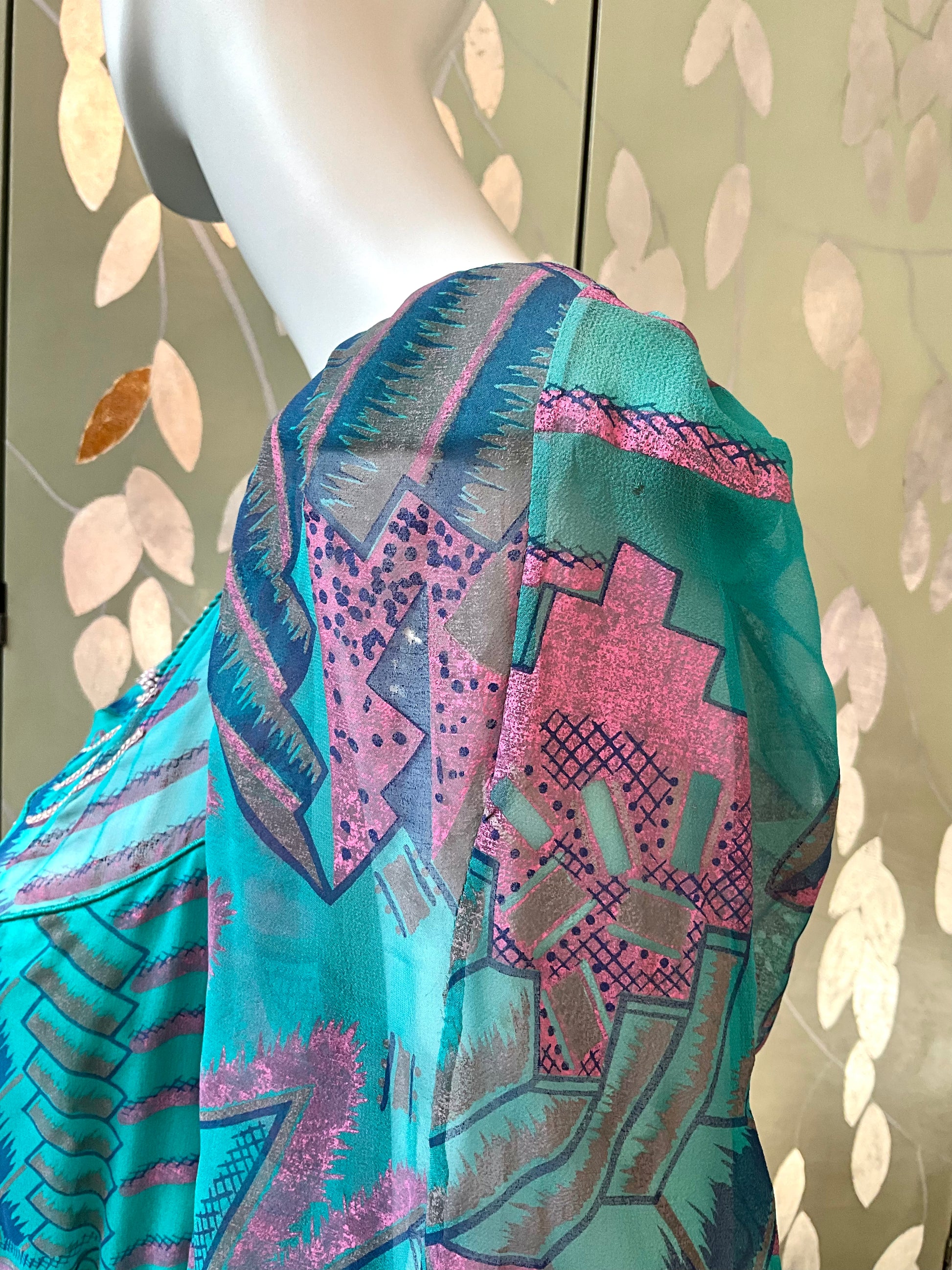 Vintage 1983 Zandra Rhodes Turquoise Printed Embellished Silk Chiffon Fairy Gown, Size 6