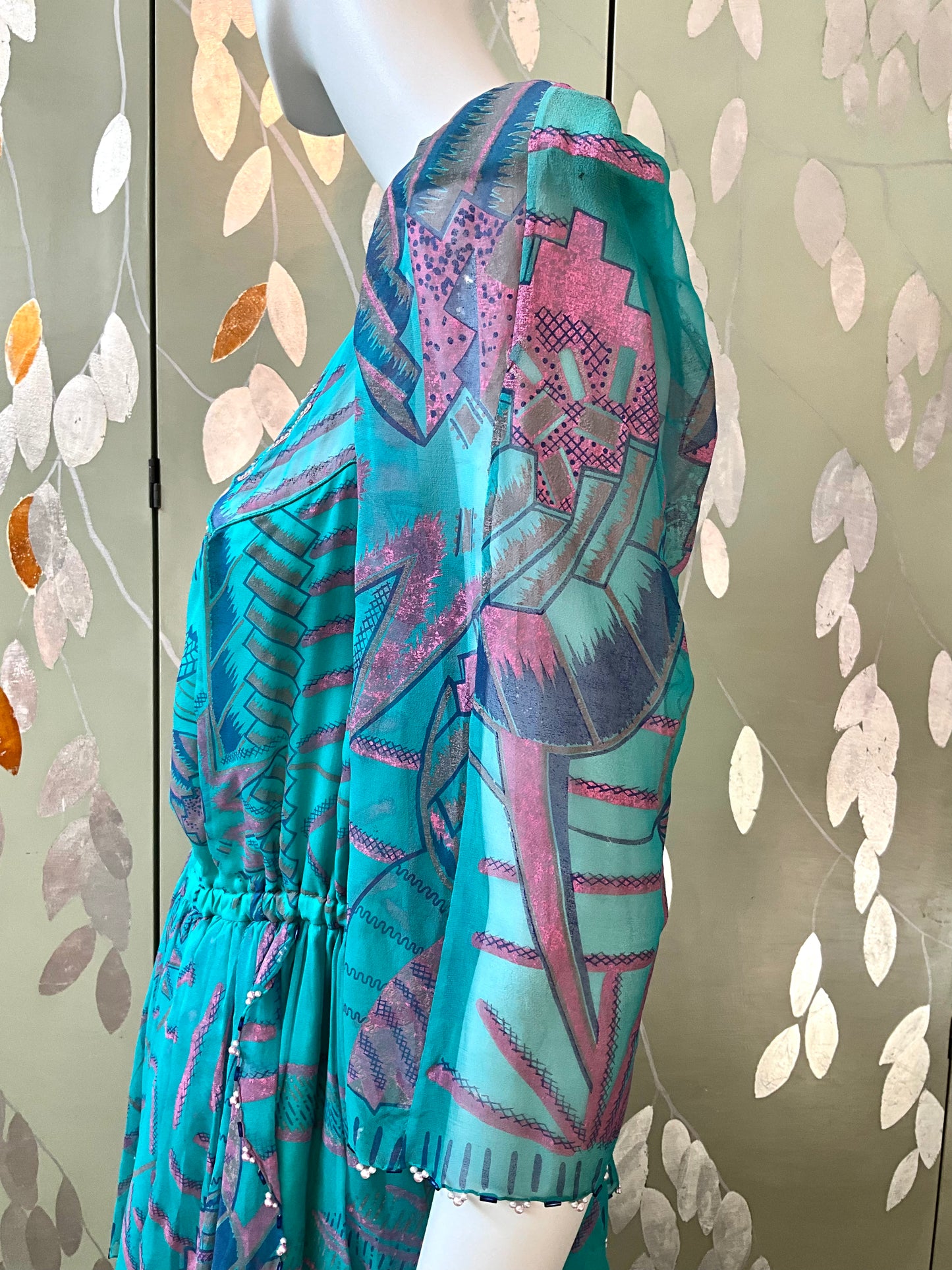 Vintage 1983 Zandra Rhodes Turquoise Printed Embellished Silk Chiffon Fairy Gown, Size 6